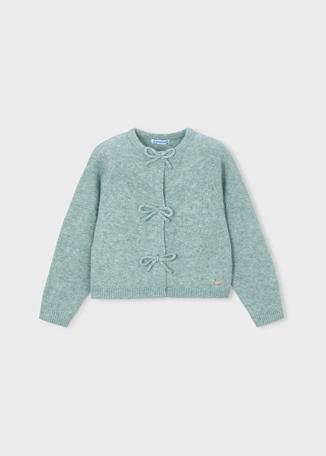 CARDIGAN VERDE SALVIA CON CHIUSURA A FIOCCHETTI IN FILATO CALDO - Noi da piccoli