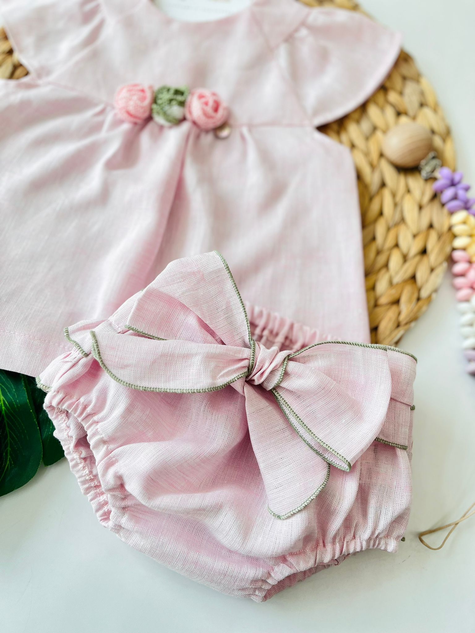 CASACCHINA CON CULOTTE OLIVIA 100% PURO LINO ROSA VERDE - Noi da piccoli