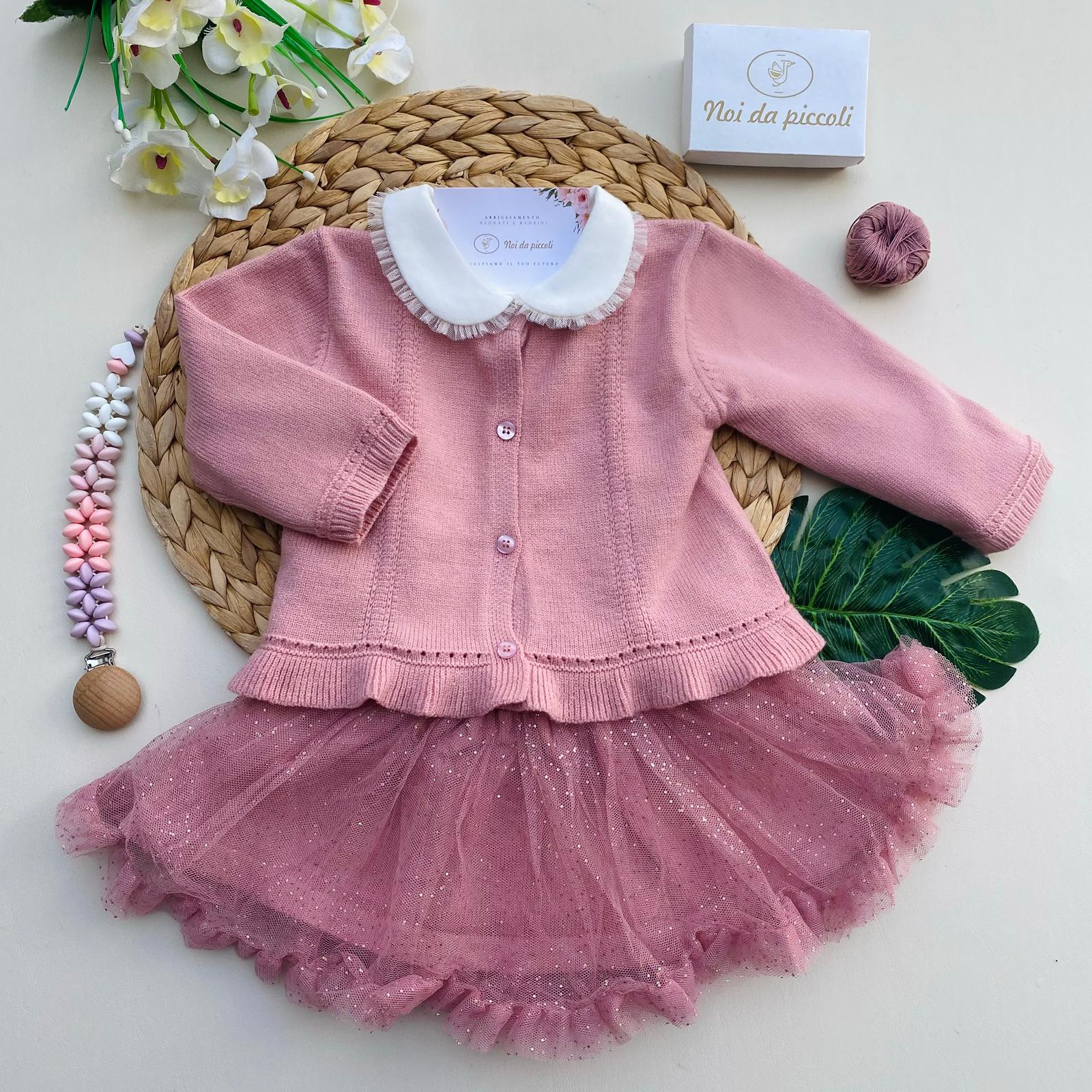 CMPLETO 3 PZ CON PAILLETTES ORO FILATO CALDO BIANCO ROSA - Noi da piccoli