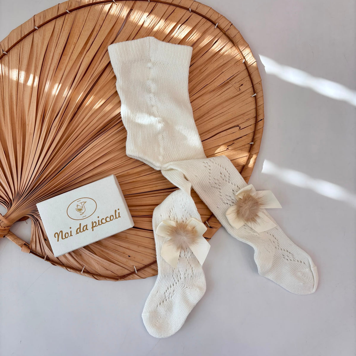 Cream Brushed Cotton Openwork Tights with Bow and Pom-Poms PAPPA E LATTE