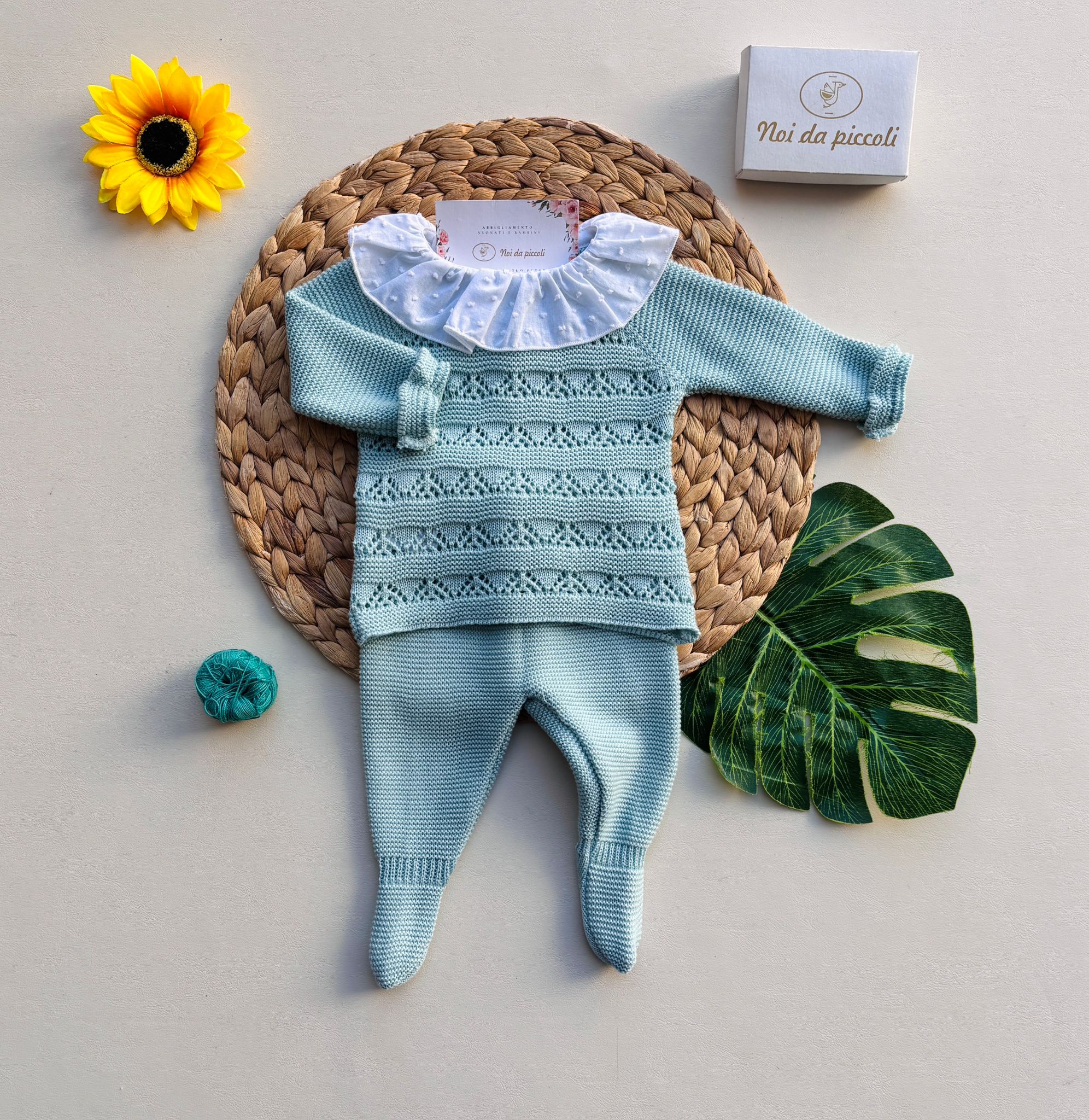 COMPETO 2 PZ IN COTONE E ACRILICO CON COLLETTO A VOLANT CON PUNTI NODINI VERDE ACQUA - Noi da piccoli