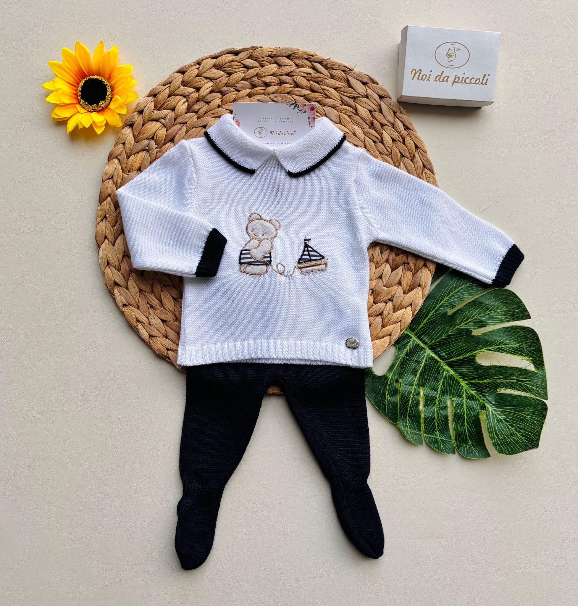 COMPLETO 2 PZ A MANICA LUNGA IN COTONE E ACRILICO CON ORSETTO BIANCO E MARINO - Noi da piccoli