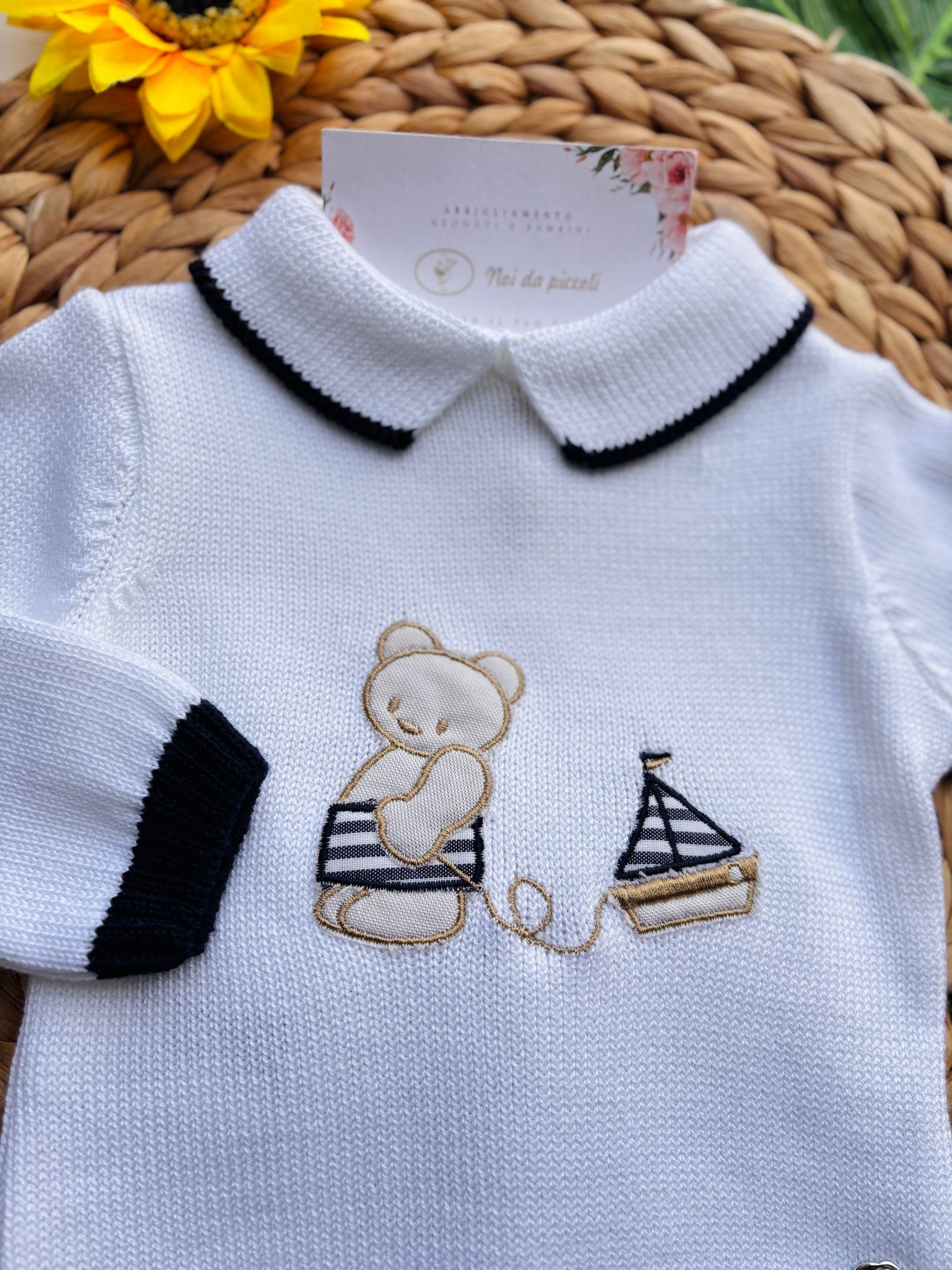 COMPLETO 2 PZ A MANICA LUNGA IN COTONE E ACRILICO CON ORSETTO BIANCO E MARINO - Noi da piccoli