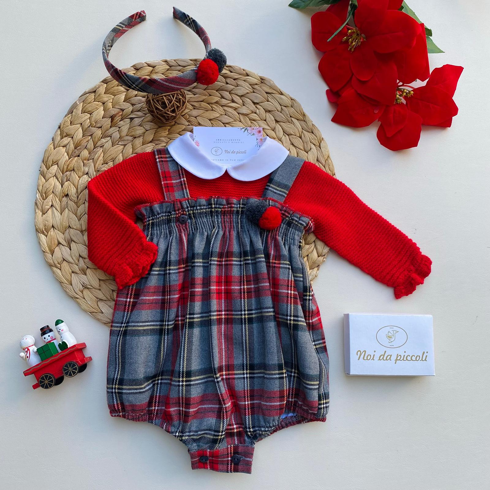 COMPLETO 2 PZ A QUADRONI FILATO CALDO ROSSO NATALIZIO - Noi da piccoli