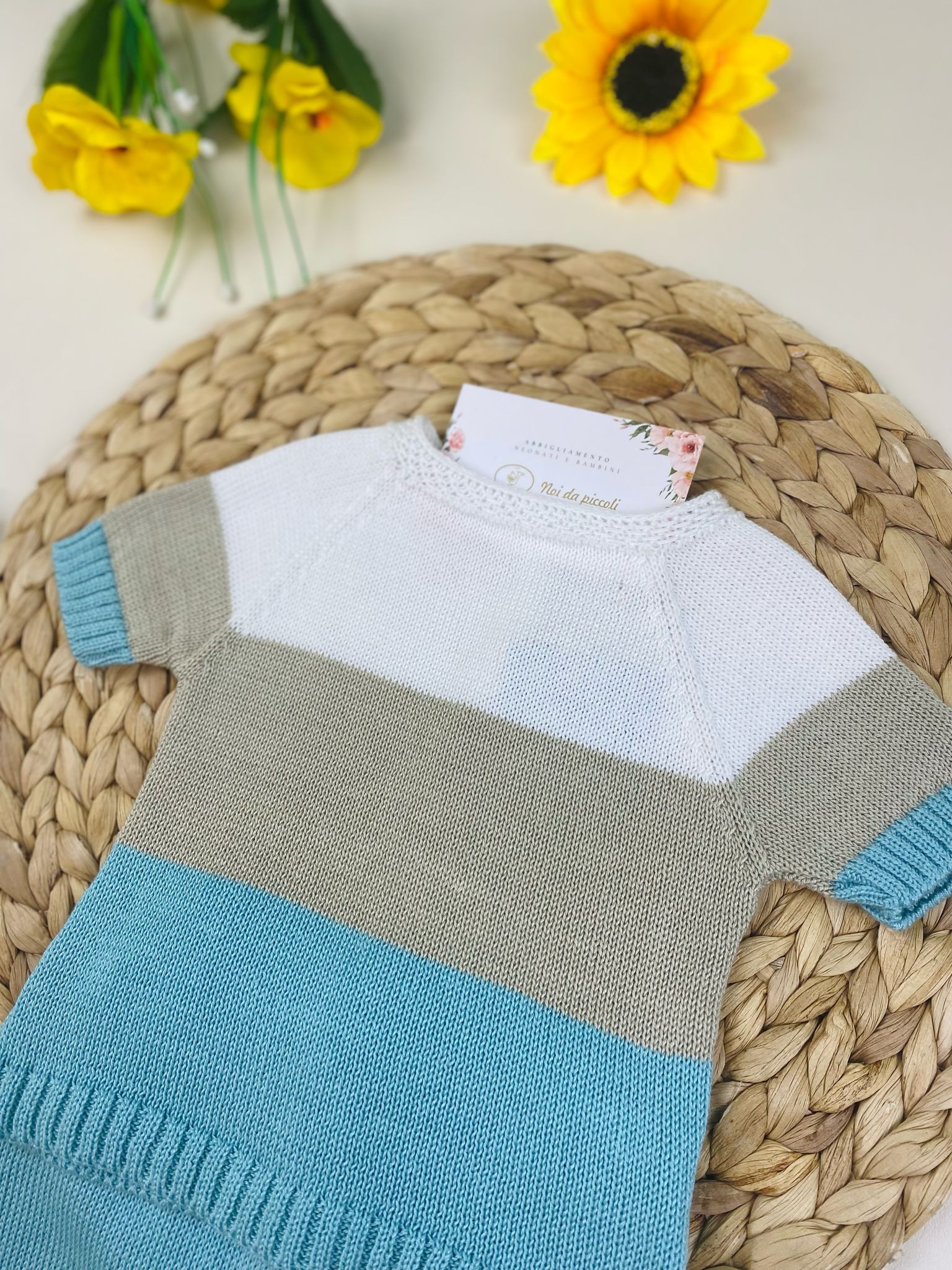 COMPLETO 2 PZ BIANCO BEIGE E VERDE ACQUA FILATO FRESCO - Noi da piccoli