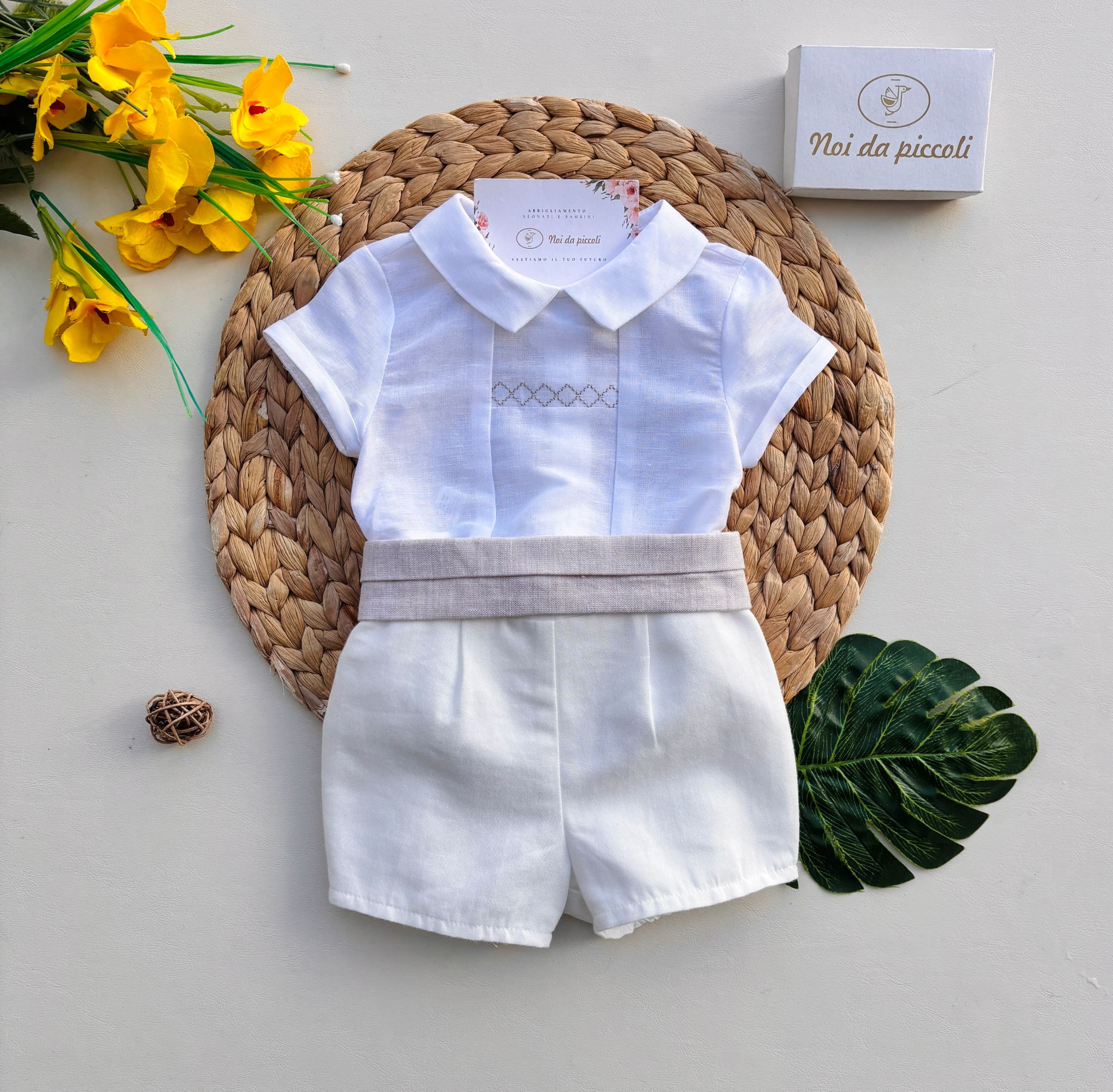 COMPLETO 2 PZ CERIMONIALE IN COTONE E LINO CRUDO - Noi da piccoli