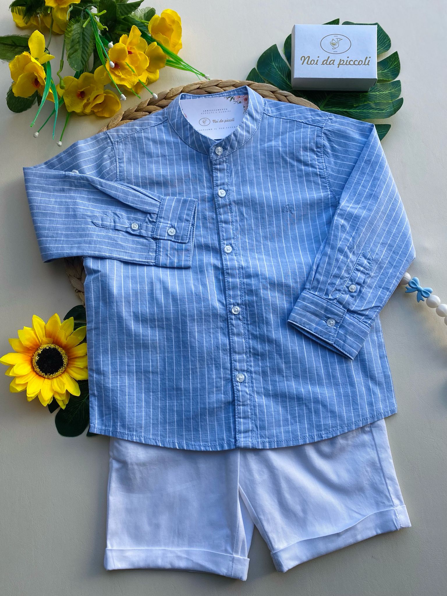 completo 2 pz con camicina cielo a righe e pantalone bianco - Noi da piccoli