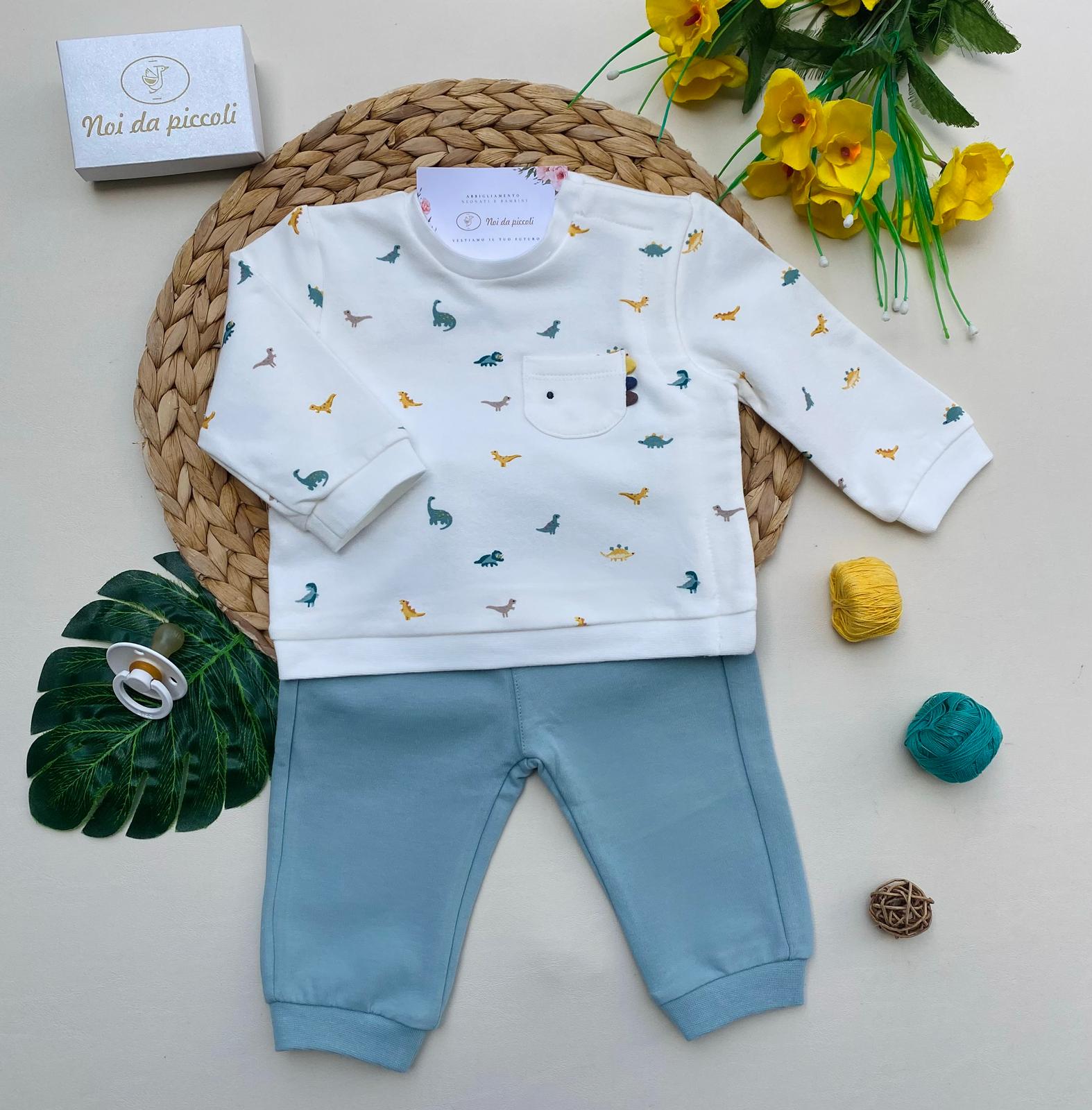 COMPLETO 2 PZ CON DINOSAURI COLORATI FILATO CALDO VERDE ACQUA - Noi da piccoli