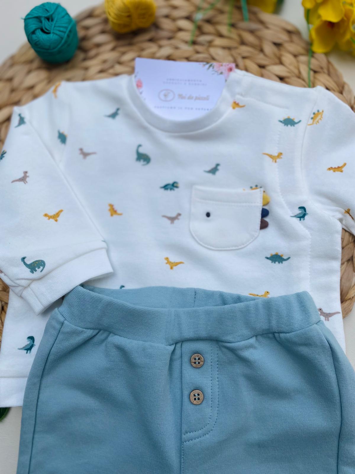 COMPLETO 2 PZ CON DINOSAURI COLORATI FILATO CALDO VERDE ACQUA - Noi da piccoli