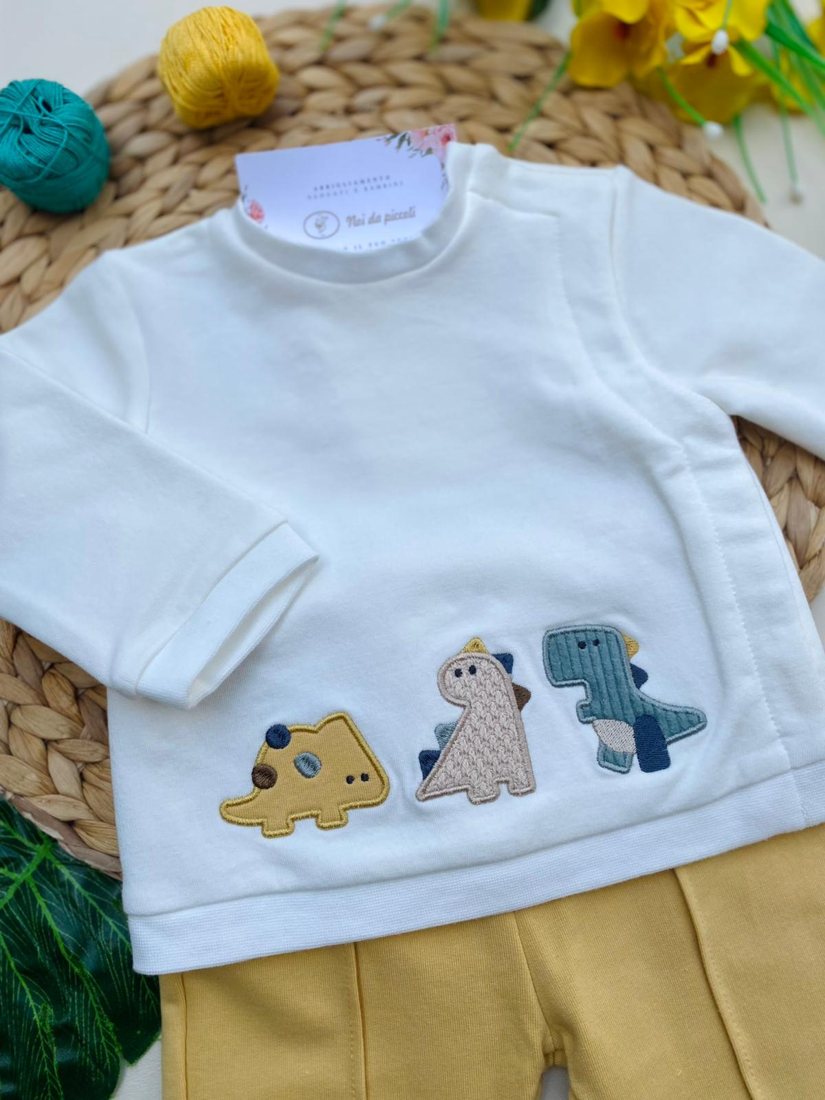 COMPLETO 2 PZ CON DINOSAURI FILATO CALDO BIANCO GIALLO - Noi da piccoli