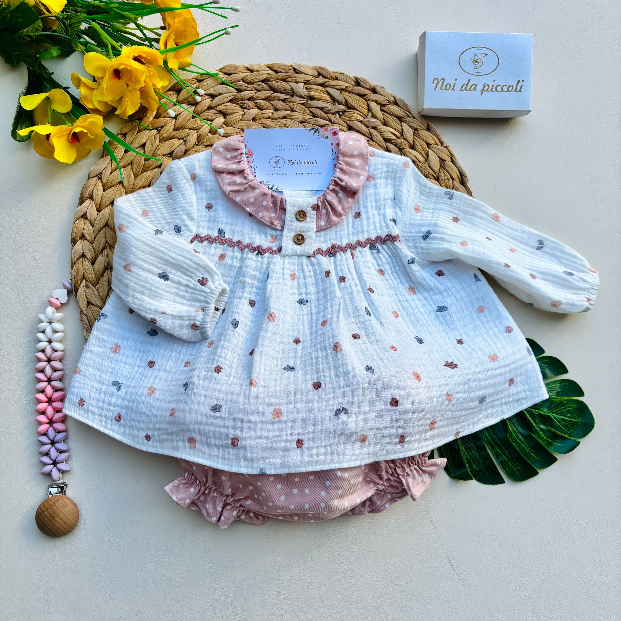 COMPLETO 2 PZ CON DISEGNII E POIS ROSA - Noi da piccoli