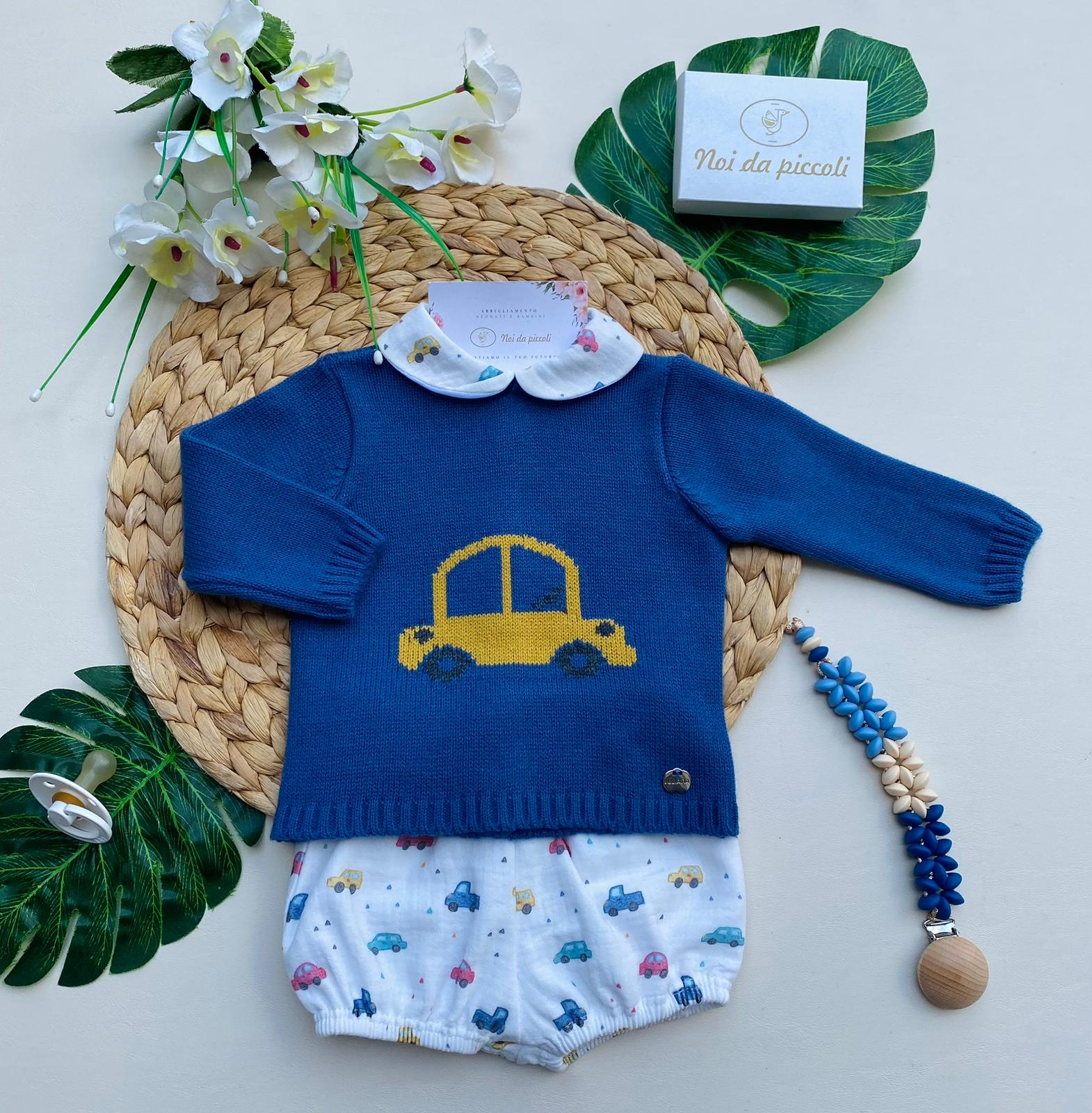 COMPLETO 2 PZ CON MACCHININE FILATO CALDO BLU COBALTO - Noi da piccoli