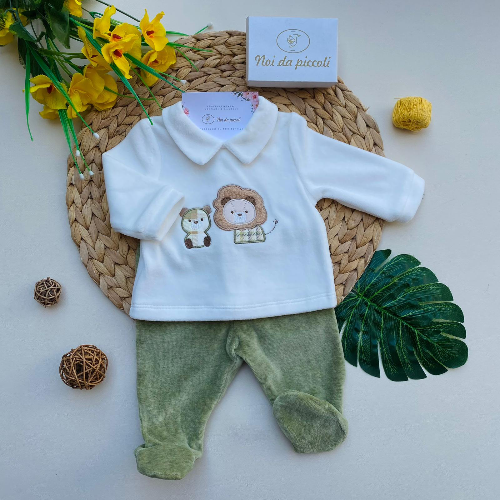 COMPLETO 2 PZ CON ORSETTI CINIGLIA BIANCO VERDE - Noi da piccoli