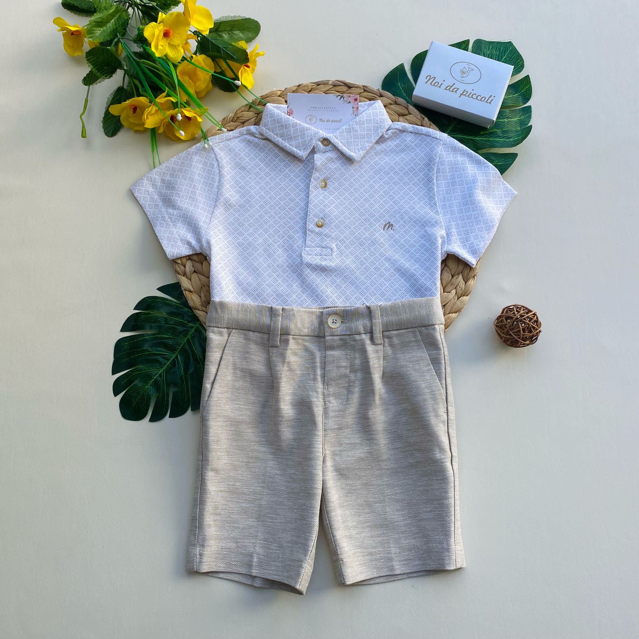 completo 2 pz con pantaloncino beige e magliettina panna a pois - Noi da piccoli