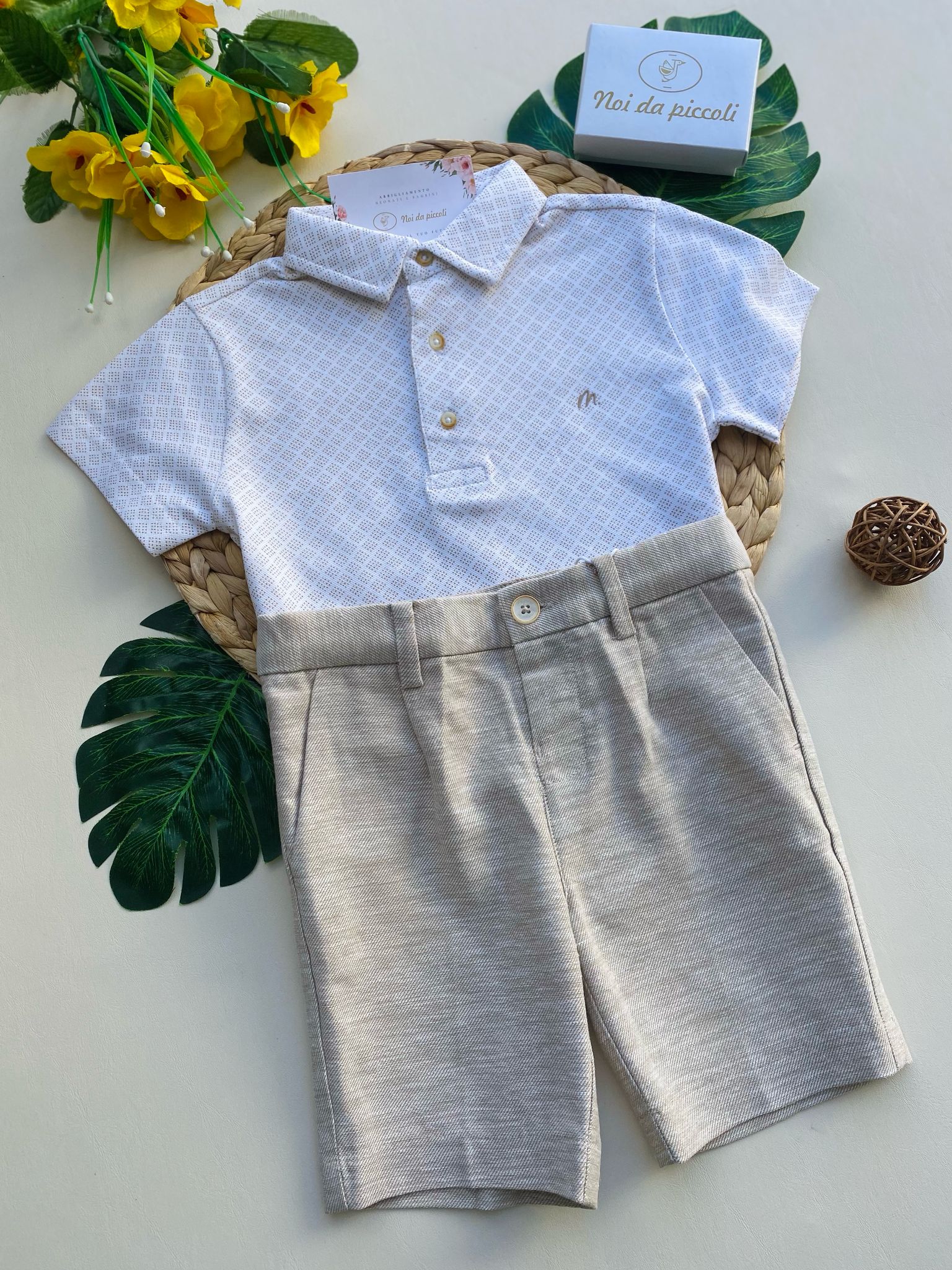 completo 2 pz con pantaloncino beige e magliettina panna a pois - Noi da piccoli