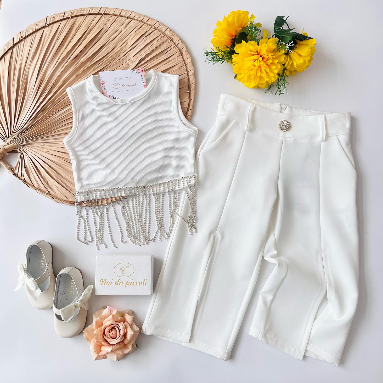 COMPLETO 2 PZ CON PANTALONE E MAGLIETTINA BIANCA CON SWAROSKI - Noi da piccoli