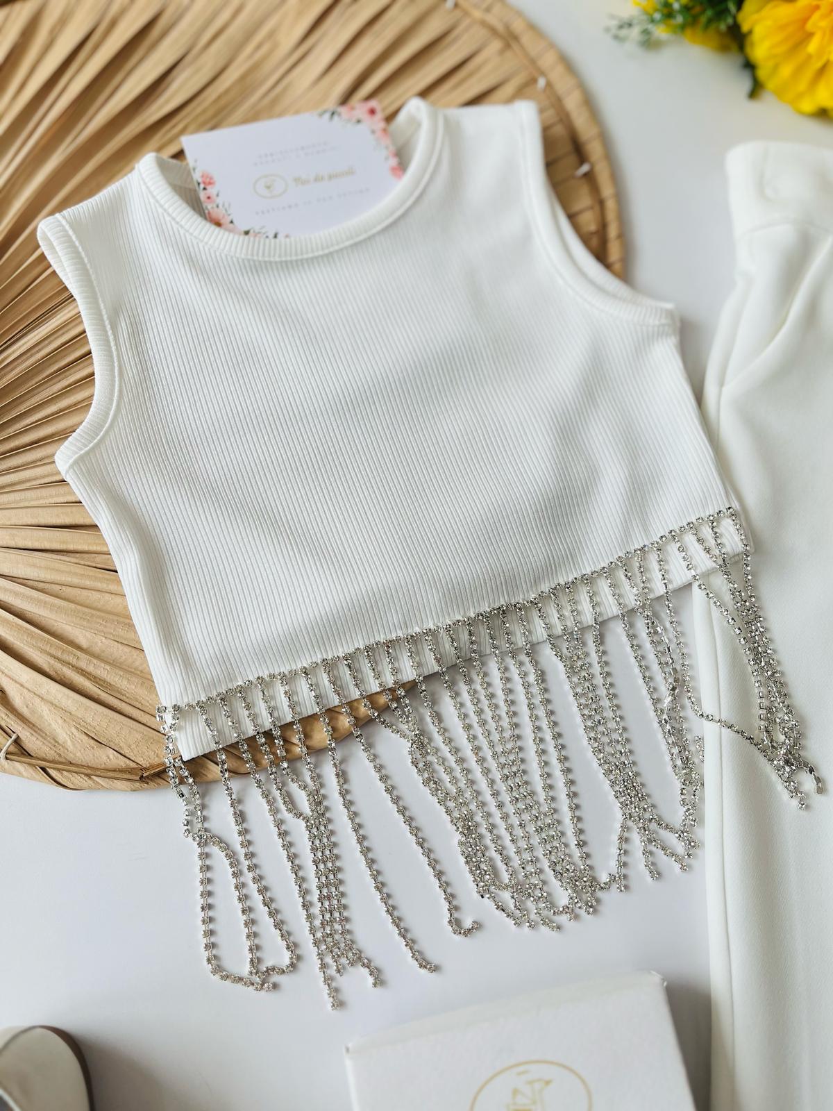 COMPLETO 2 PZ CON PANTALONE E MAGLIETTINA BIANCA CON SWAROSKI - Noi da piccoli