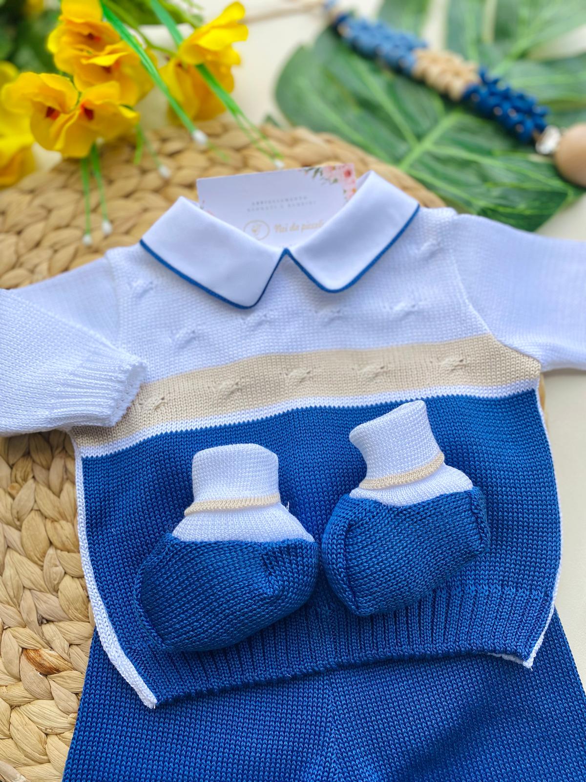 COMPLETO 2 PZ CON PANTALONE E MAGLIETTINA BIANCO BLU E BEIGE ABBINATO ALLE BABBUCCE - Noi da piccoli