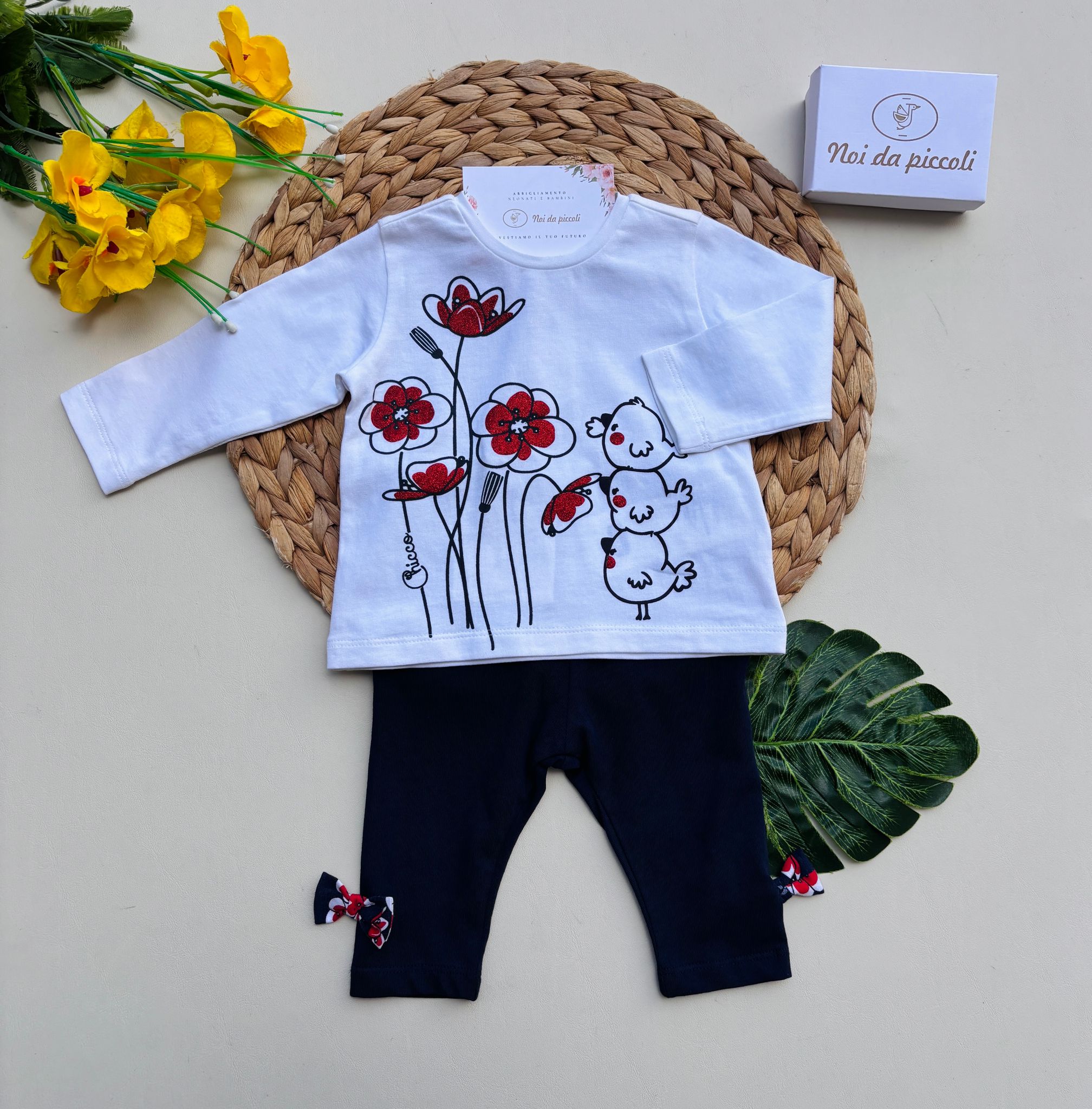 COMPLETO 2 PZ CON PULCINI E FIORELLINI BIANCO BLU - Noi da piccoli