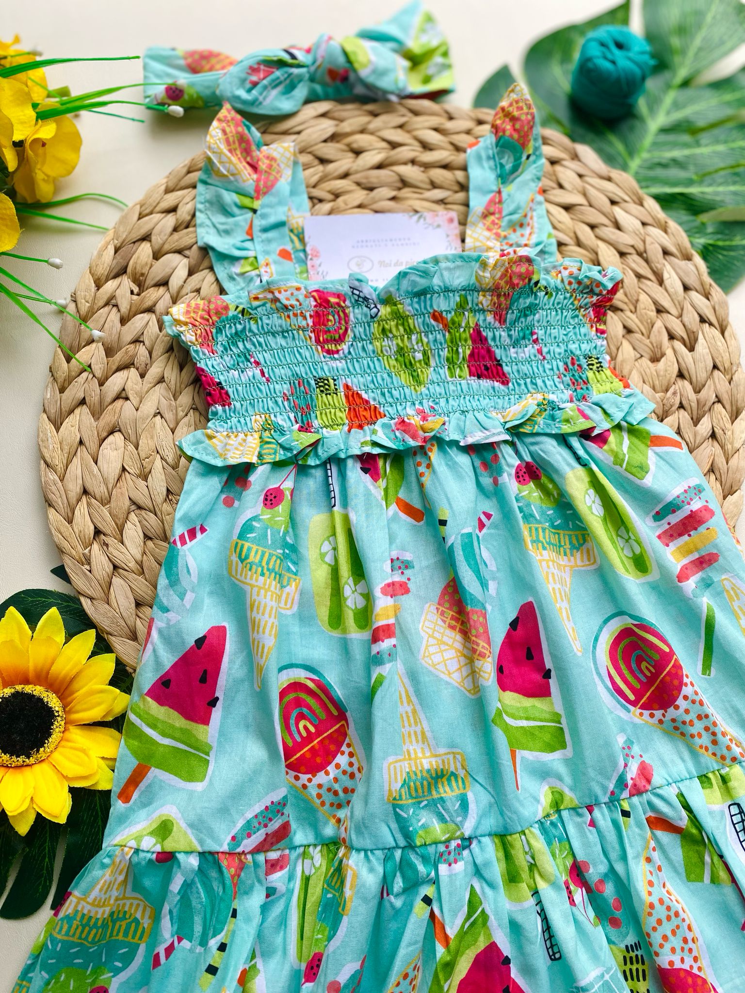 COMPLETO 2 PZ CON VESTINA VERDE ACQUA CON ANGURIE E FASCIA PER CAPELLI ABBINATA - Noi da piccoli