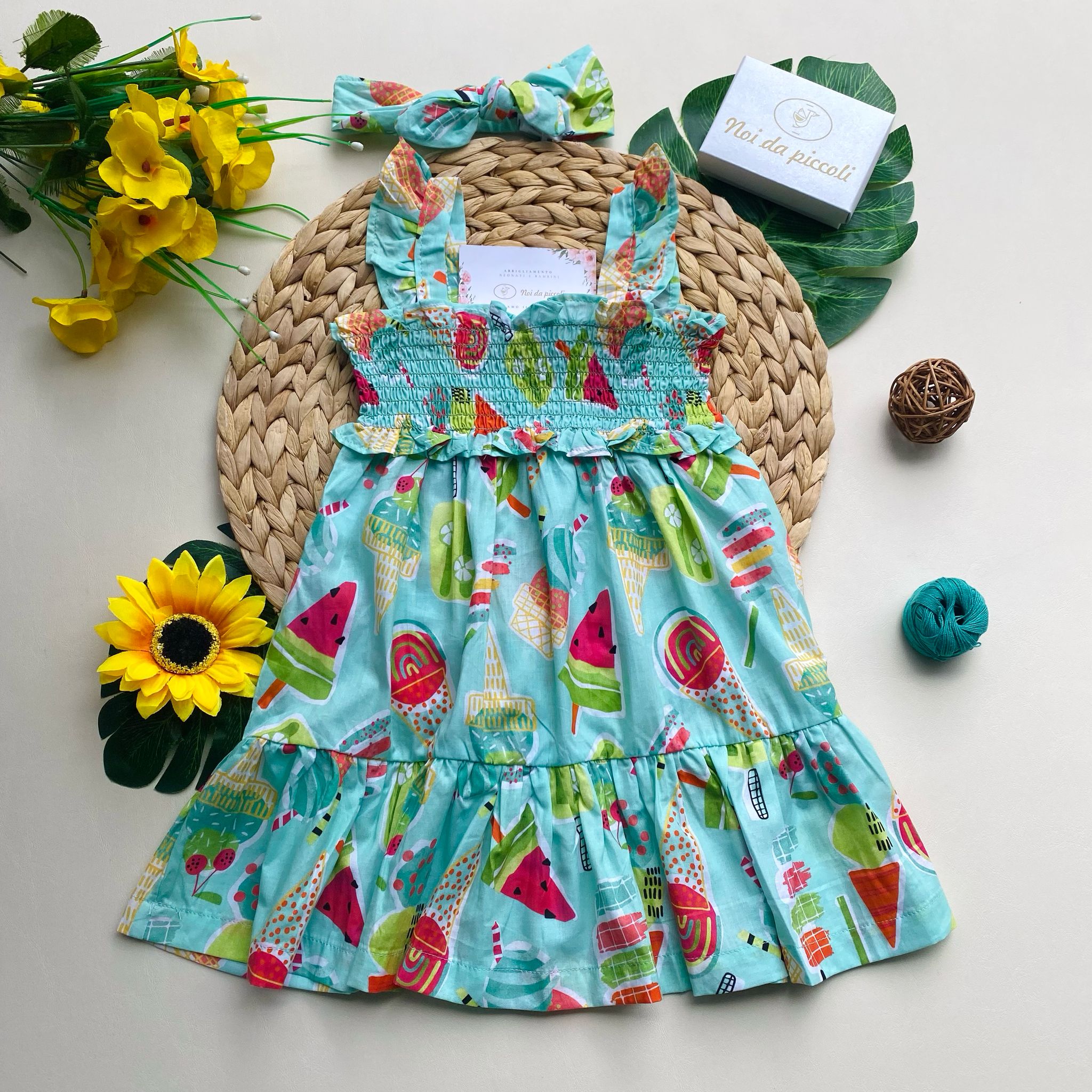 COMPLETO 2 PZ CON VESTINA VERDE ACQUA CON ANGURIE E FASCIA PER CAPELLI ABBINATA - Noi da piccoli