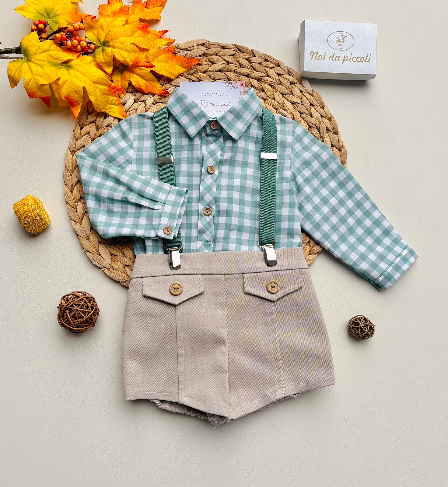 COMPLETO 2 PZ IN CALDO COTONE CON BRETELLE VERDE - Noi da piccoli