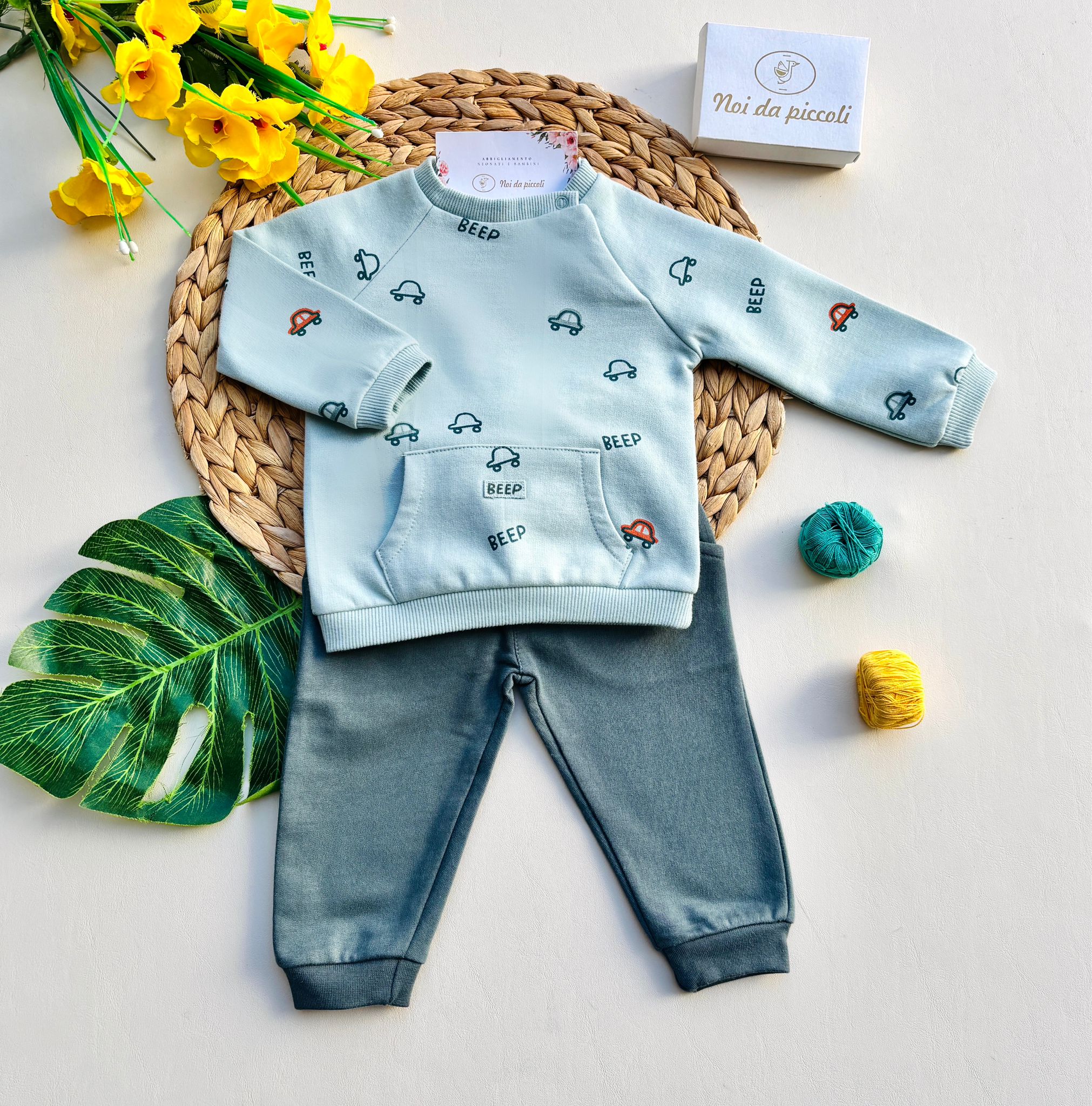 COMPLETO 2 PZ IN CALDO COTONE CON MACCHININE VERDE - Noi da piccoli