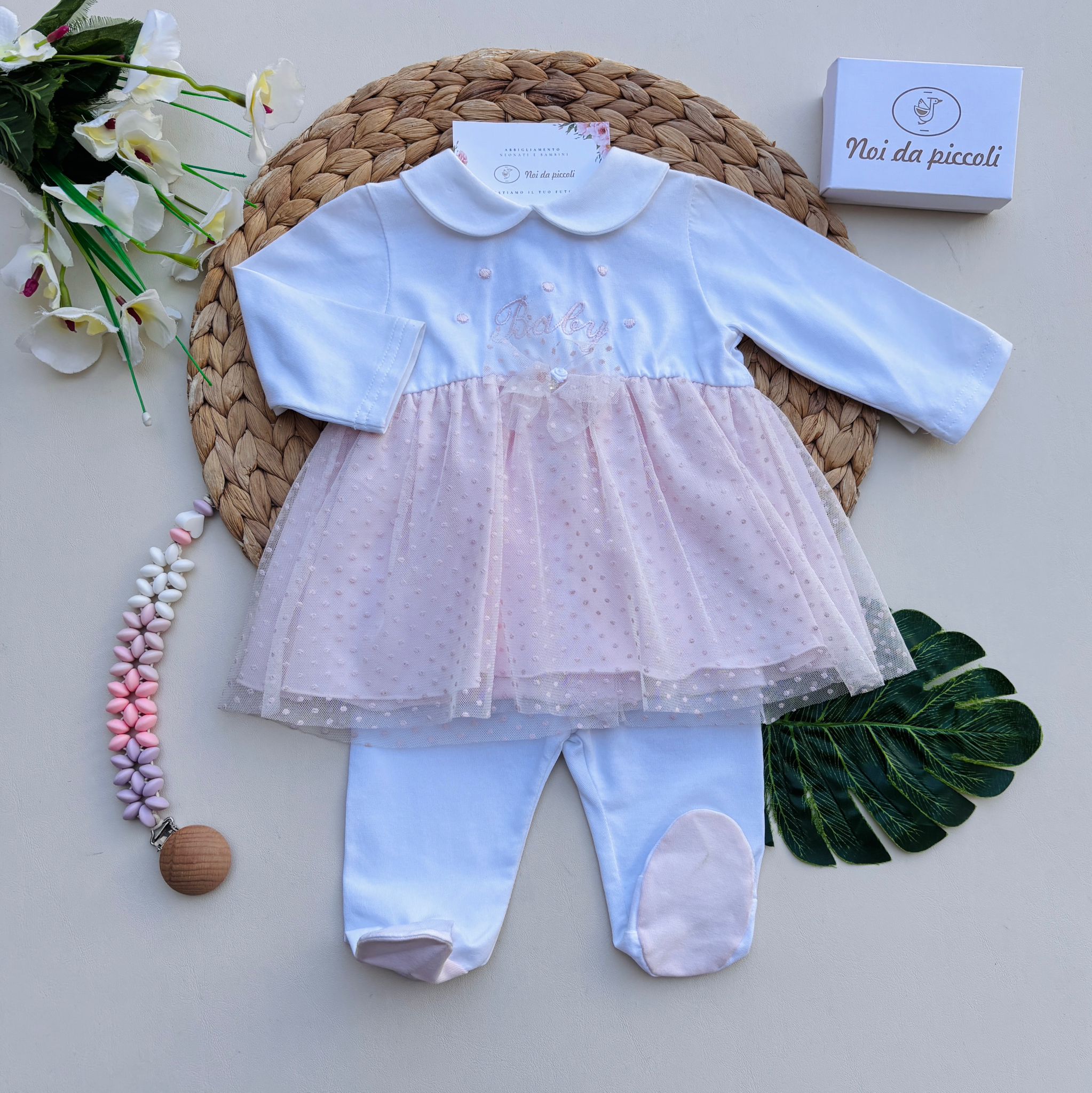 COMPLETO 2 PZ IN COTONE A POIS BIANCO ROSA - Noi da piccoli
