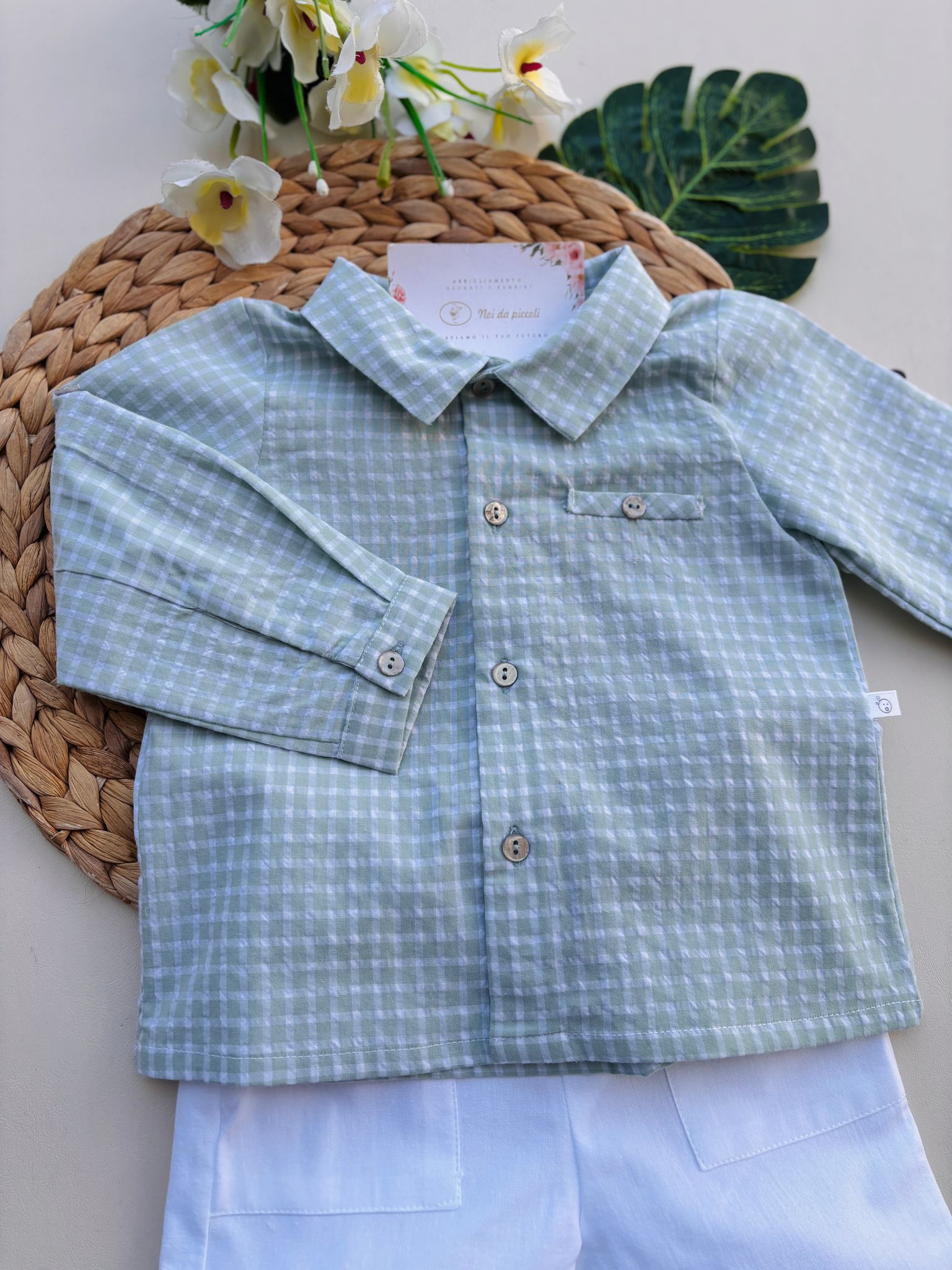 COMPLETO 2 PZ IN COTONE A QUADRONI BIANCO VERDE - Noi da piccoli