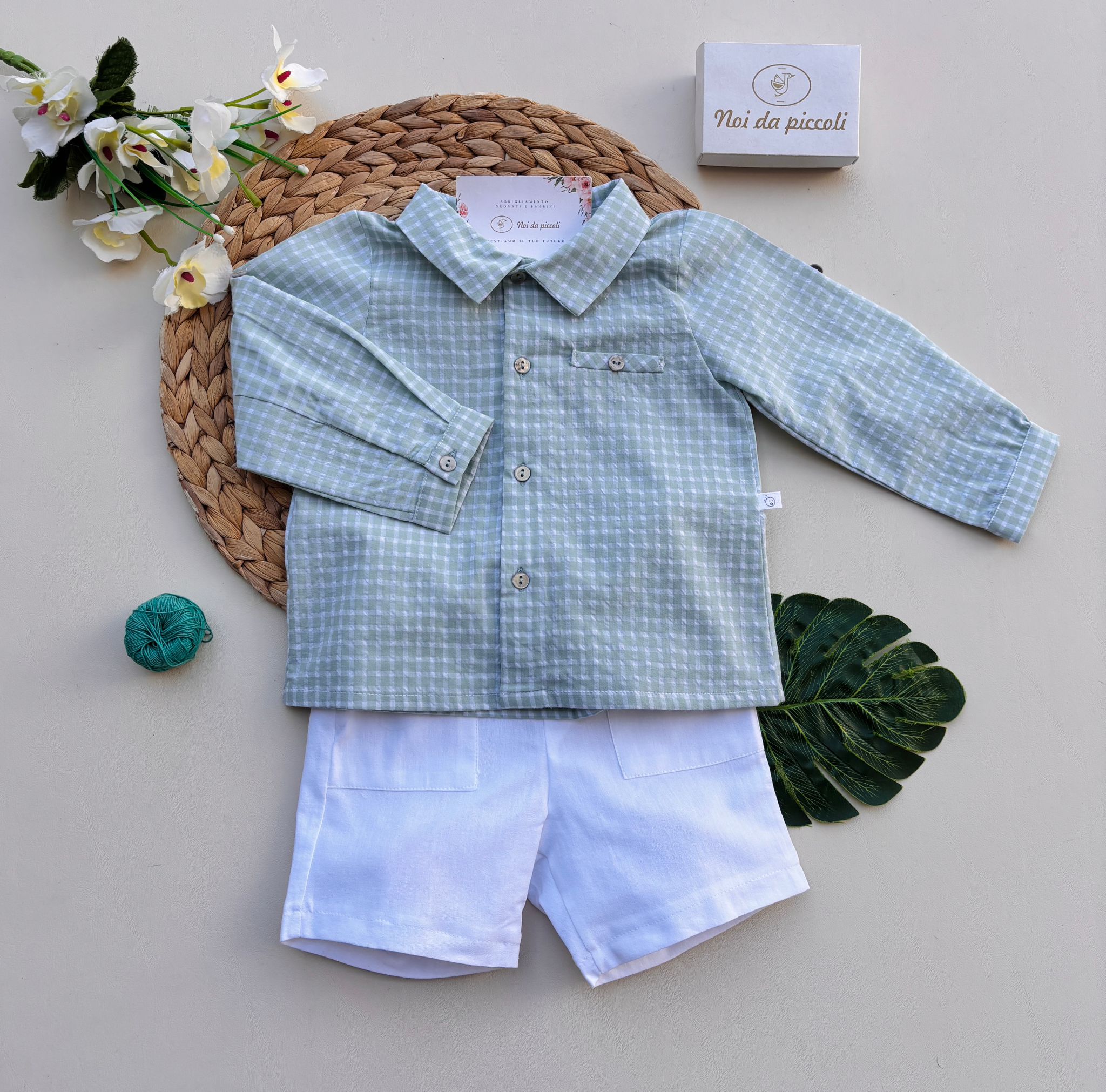 COMPLETO 2 PZ IN COTONE A QUADRONI BIANCO VERDE - Noi da piccoli