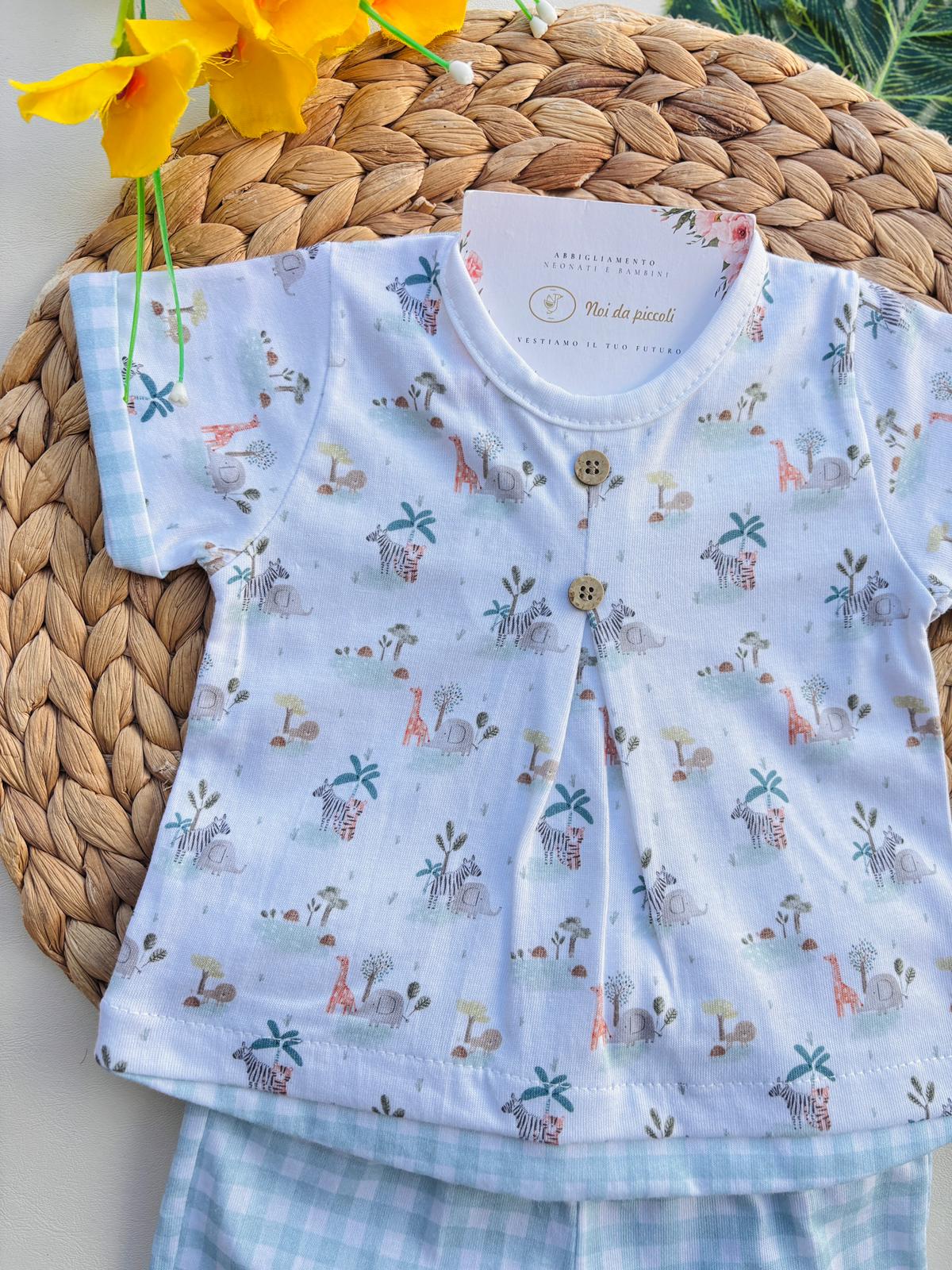 COMPLETO 2 PZ IN COTONE A QUADRONI E ANIMALI SAVANA VERDE - Noi da piccoli