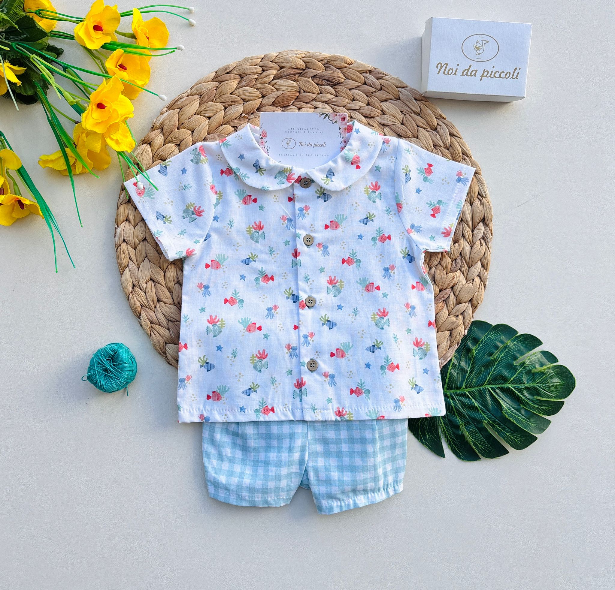 COMPLETO 2 PZ IN COTONE A QUADRONI E ANIMALINI BIANCO VERDE - Noi da piccoli