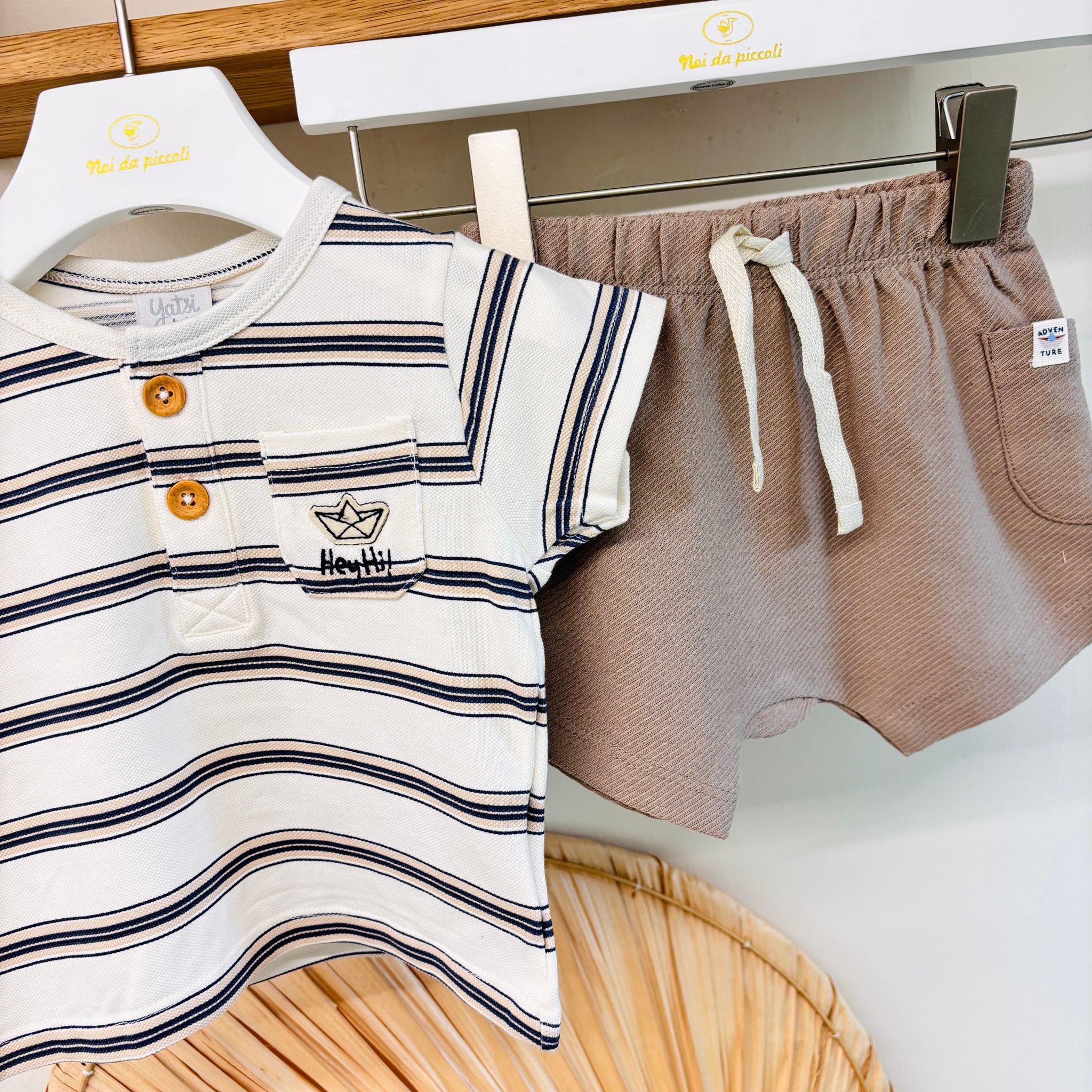 COMPLETO 2 PZ IN COTONE A RIGHE BEIGE - Noi da piccoli