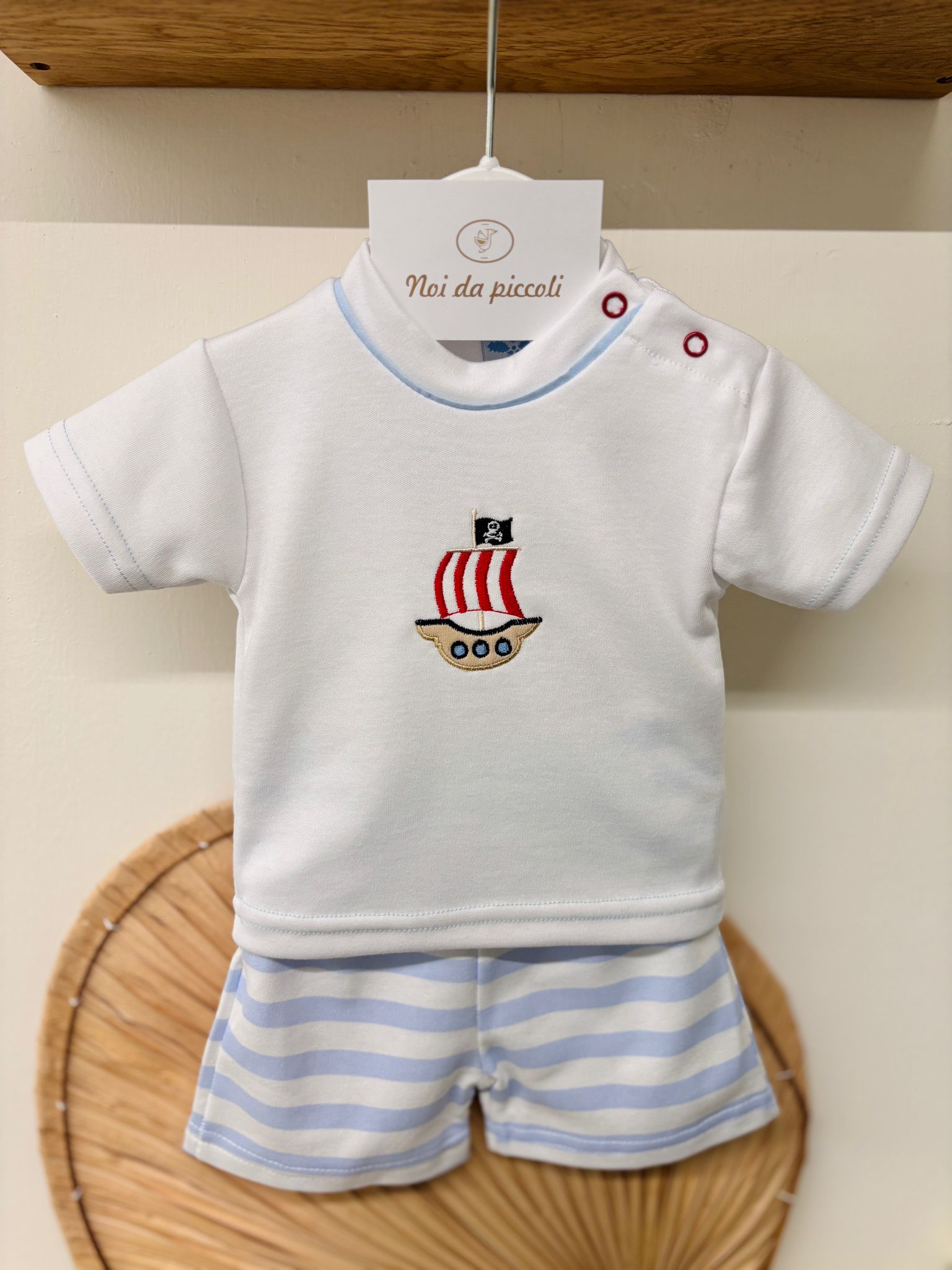 COMPLETO 2 PZ IN COTONE A RIGHE BIANCO CIELO - Noi da piccoli