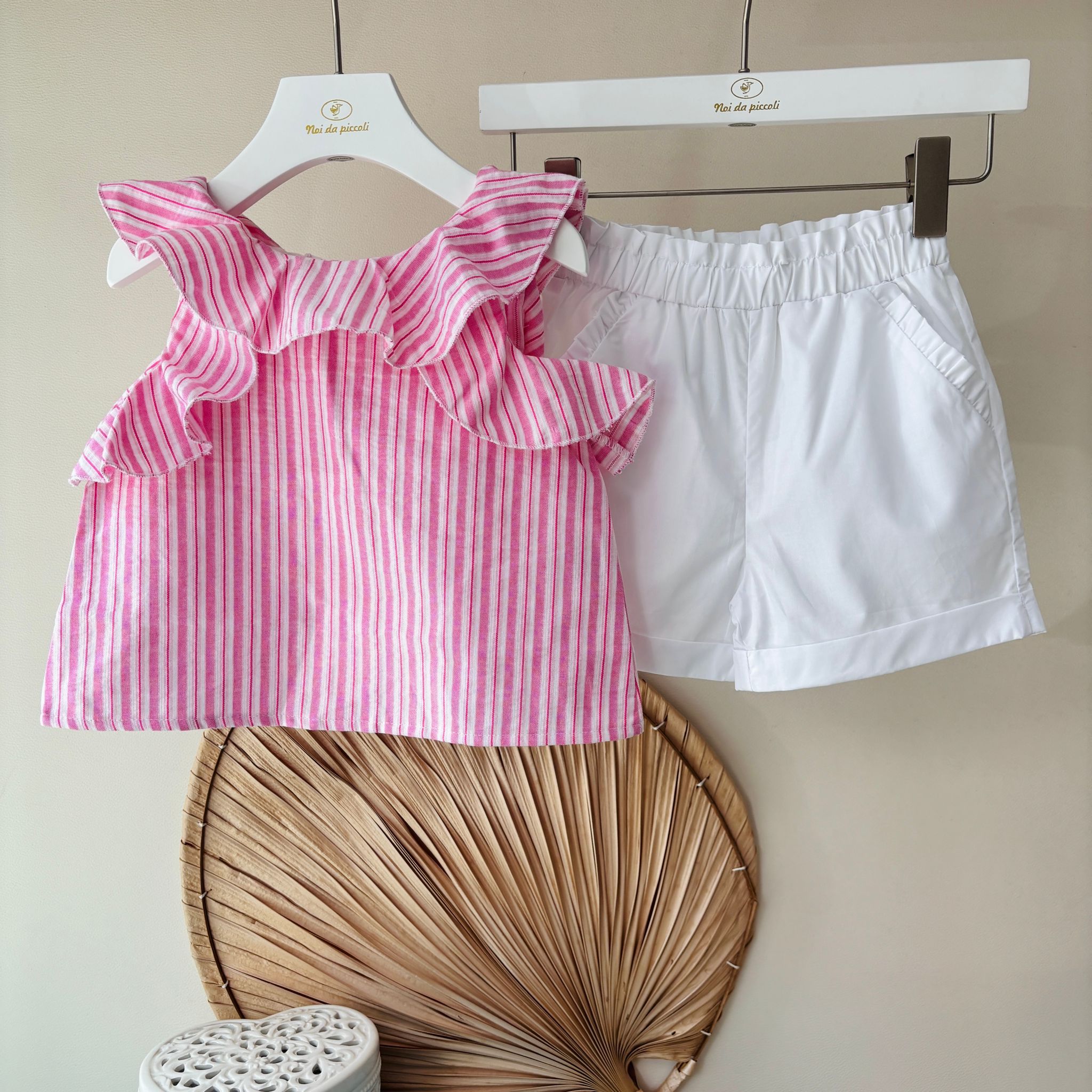 COMPLETO 2 PZ IN COTONE A RIGHE BIANCO ROSA - Noi da piccoli