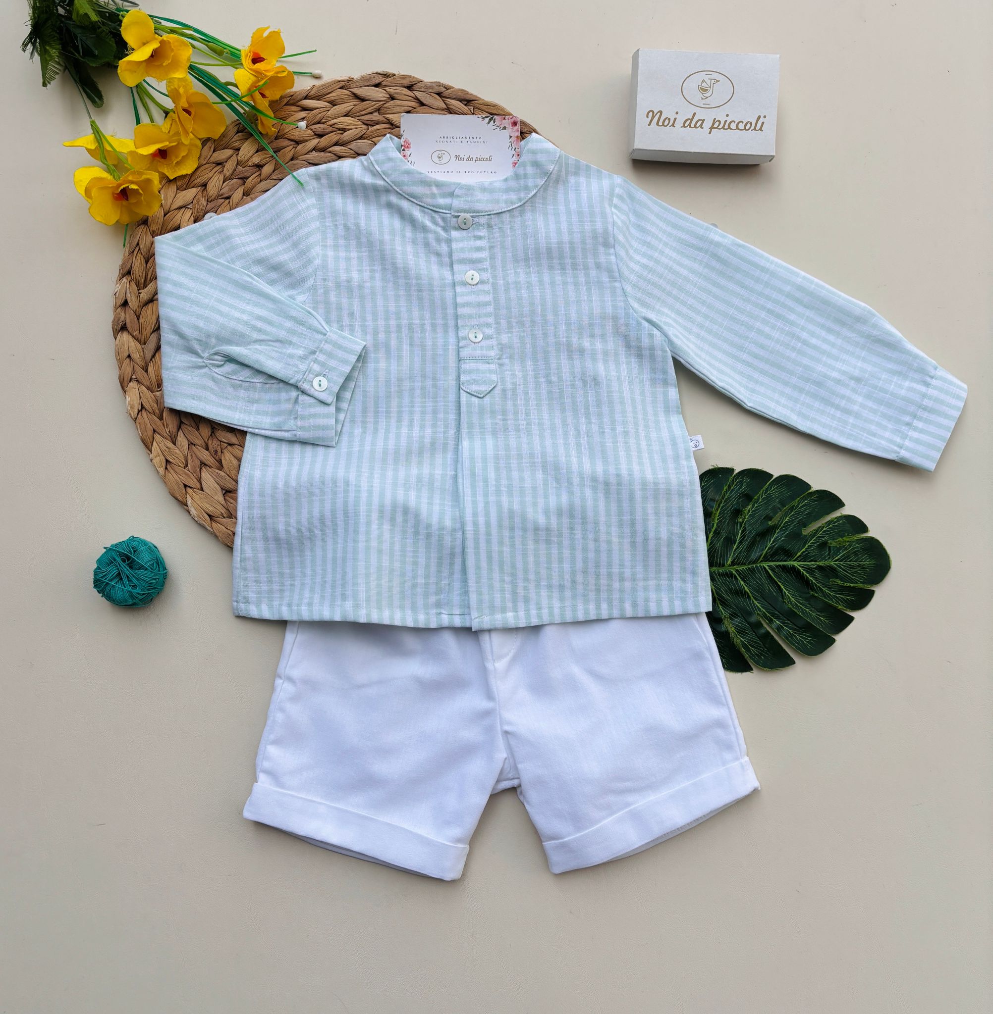 COMPLETO 2 PZ IN COTONE A RIGHE BIANCO VERDE - Noi da piccoli