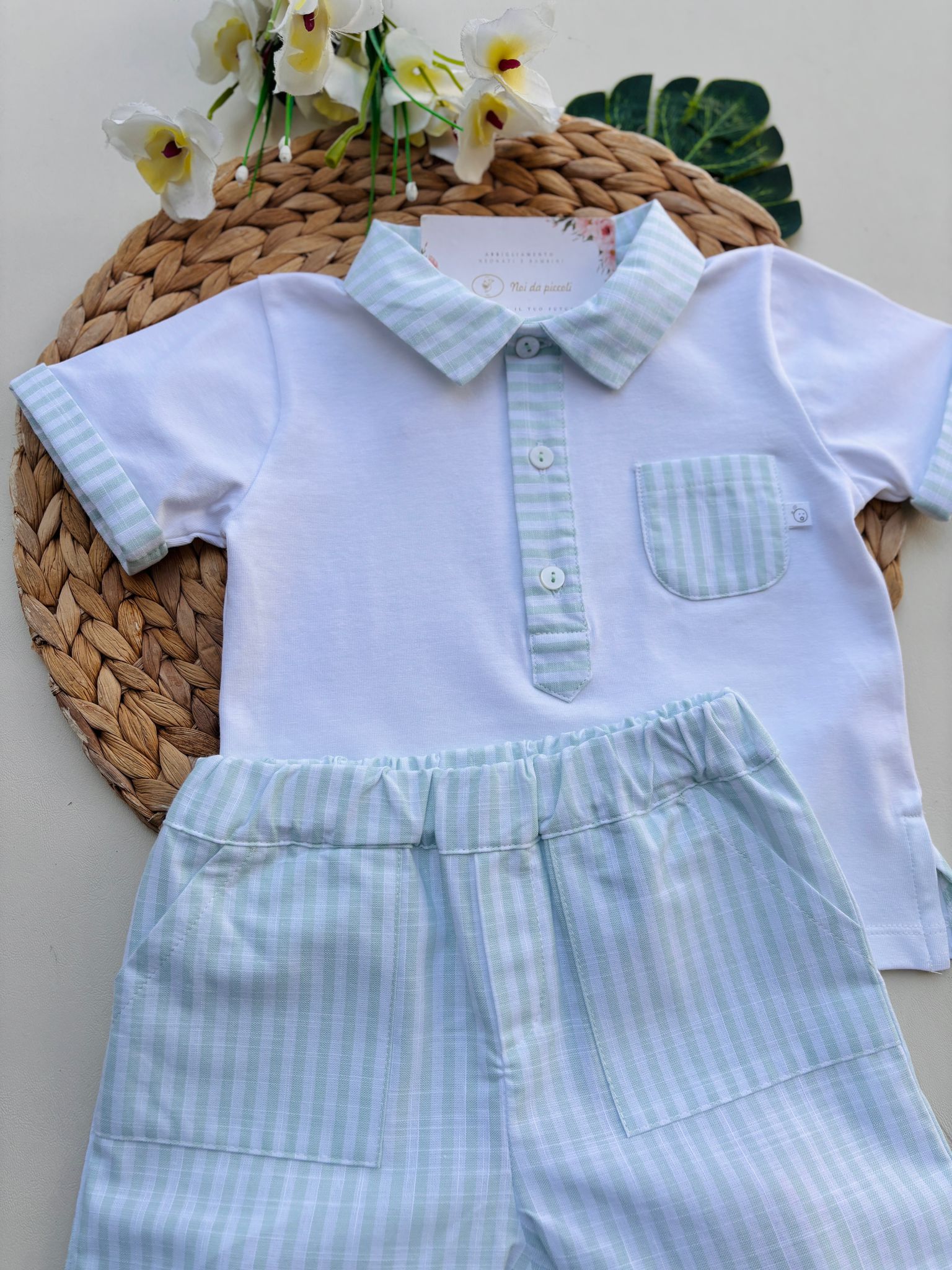 COMPLETO 2 PZ IN COTONE A RIGHE BIANCO VERDE - Noi da piccoli