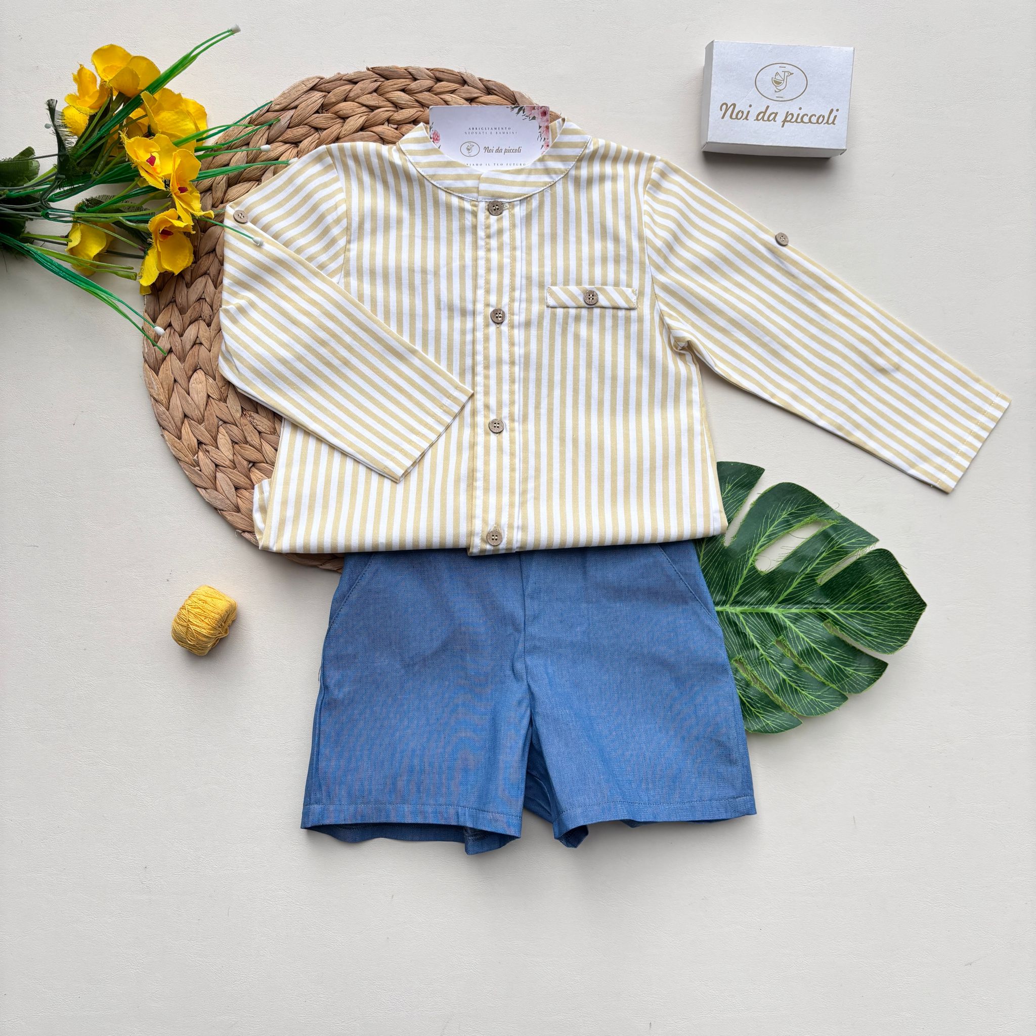 COMPLETO 2 PZ IN COTONE A RIGHE Senape - Noi da piccoli