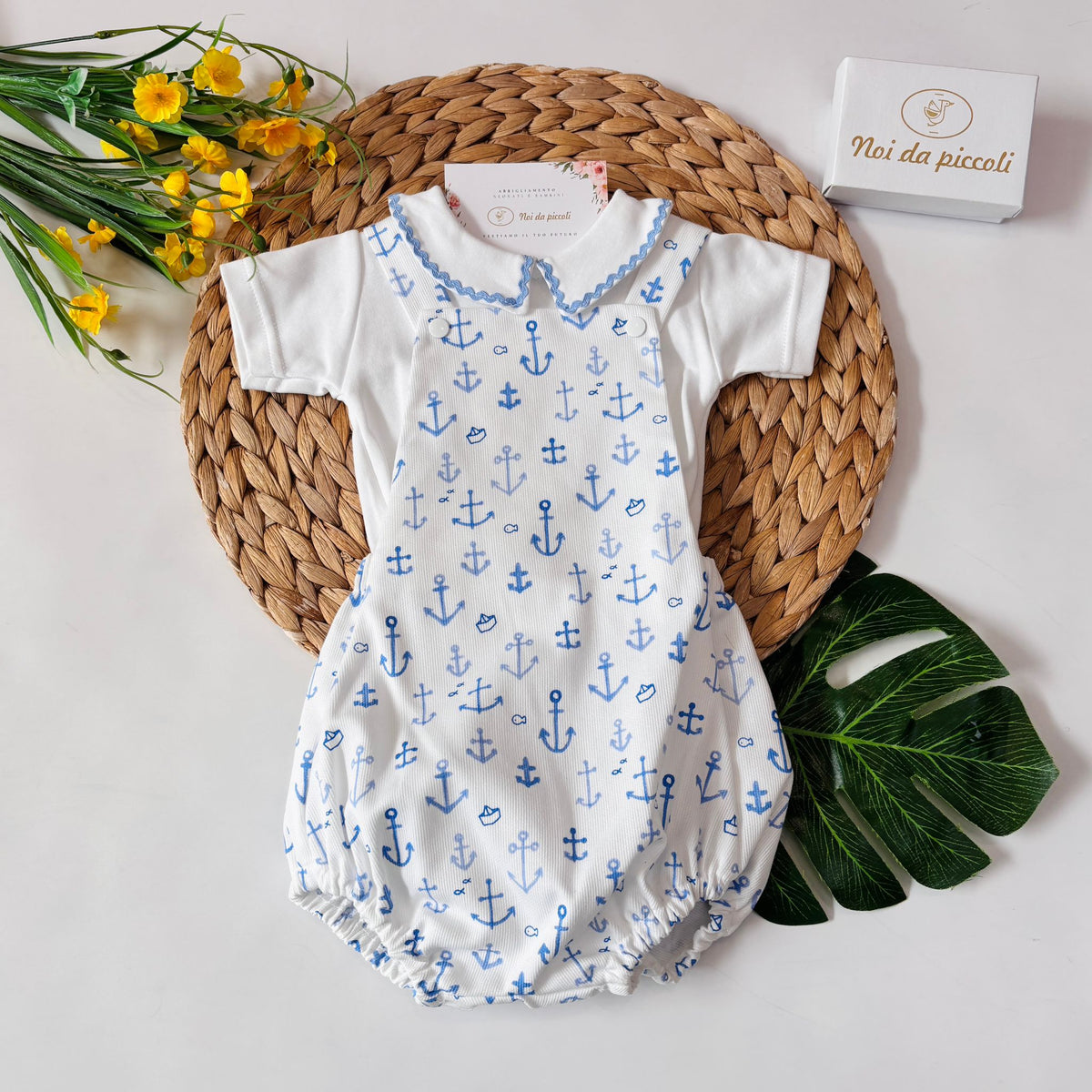 2-Piece White Cotton Set with Anchors Sky Blue FS BABY