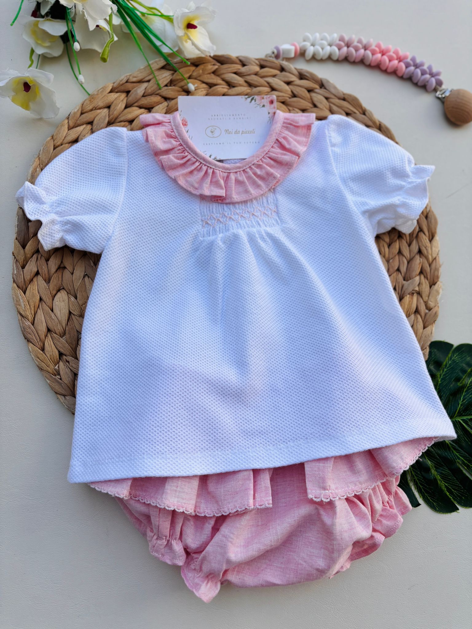 COMPLETO 2 PZ IN COTONE BIANCO ROSA - Noi da piccoli