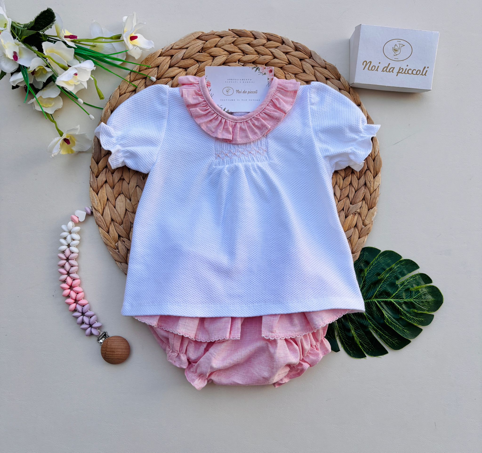 COMPLETO 2 PZ IN COTONE BIANCO ROSA - Noi da piccoli