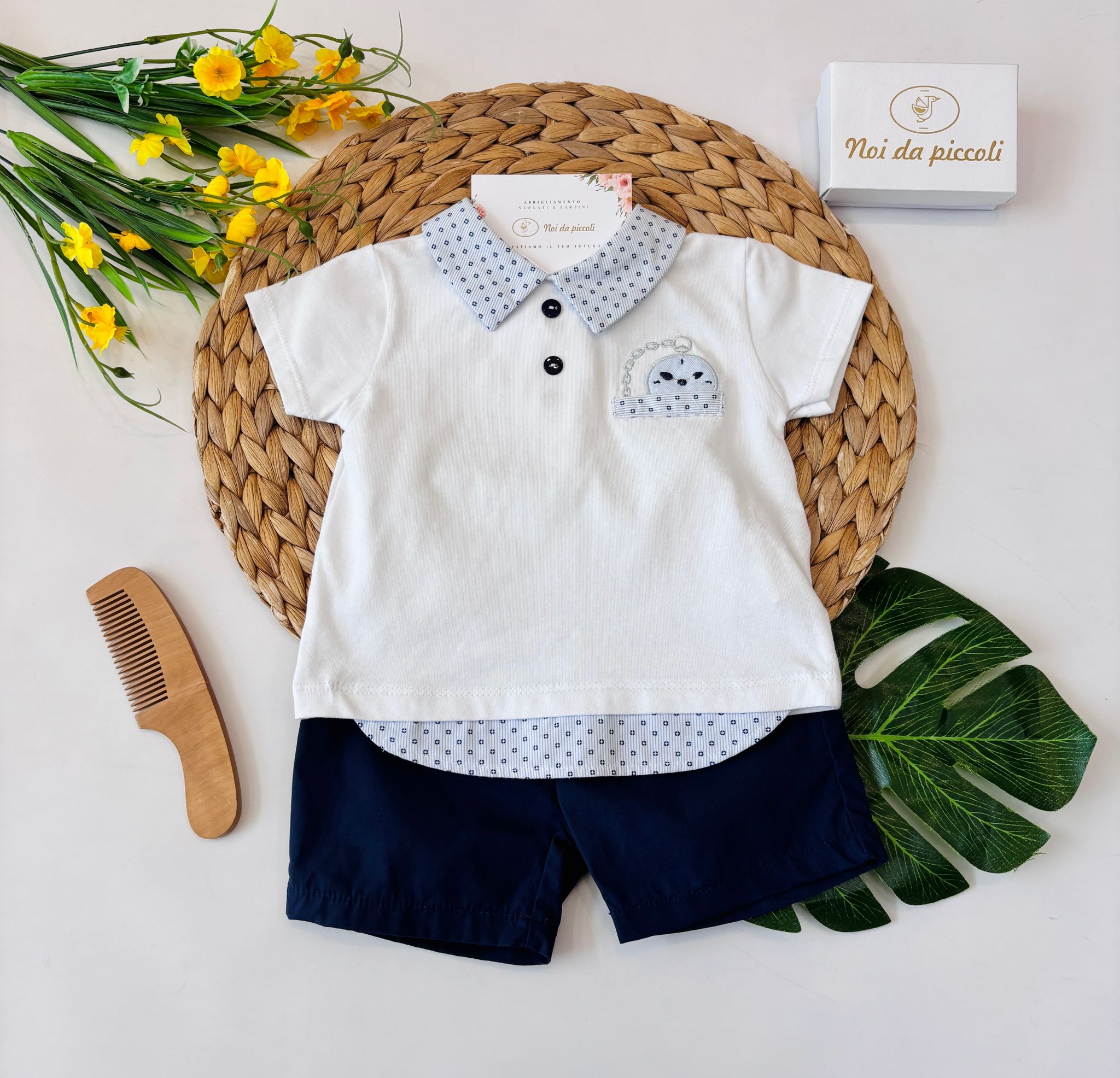 COMPLETO 2 PZ IN COTONE CON DISEGNINI BIANCO BLU - Noi da piccoli