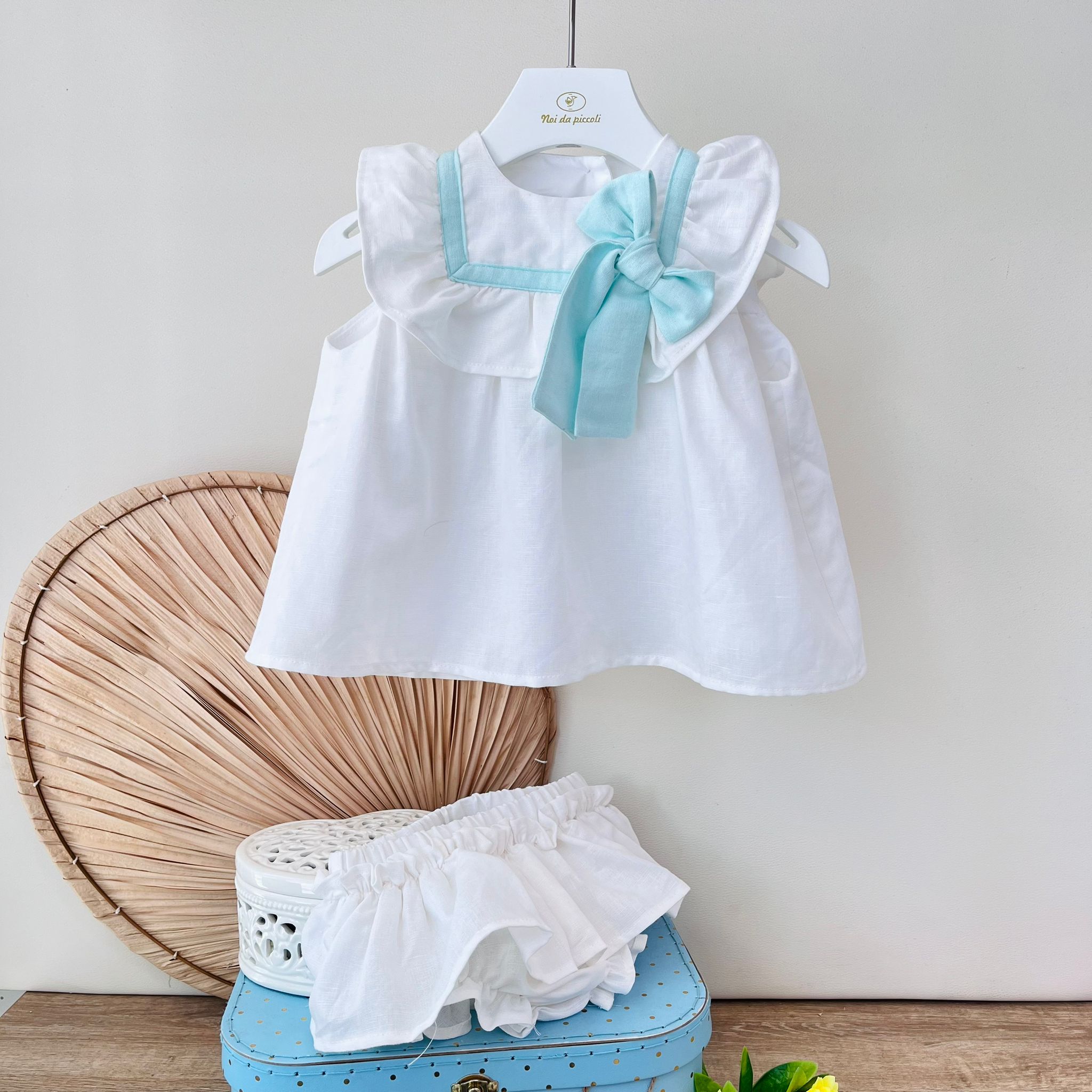 COMPLETO 2 PZ IN COTONE CON FIOCCHETTO BIANCO VERDE - Noi da piccoli