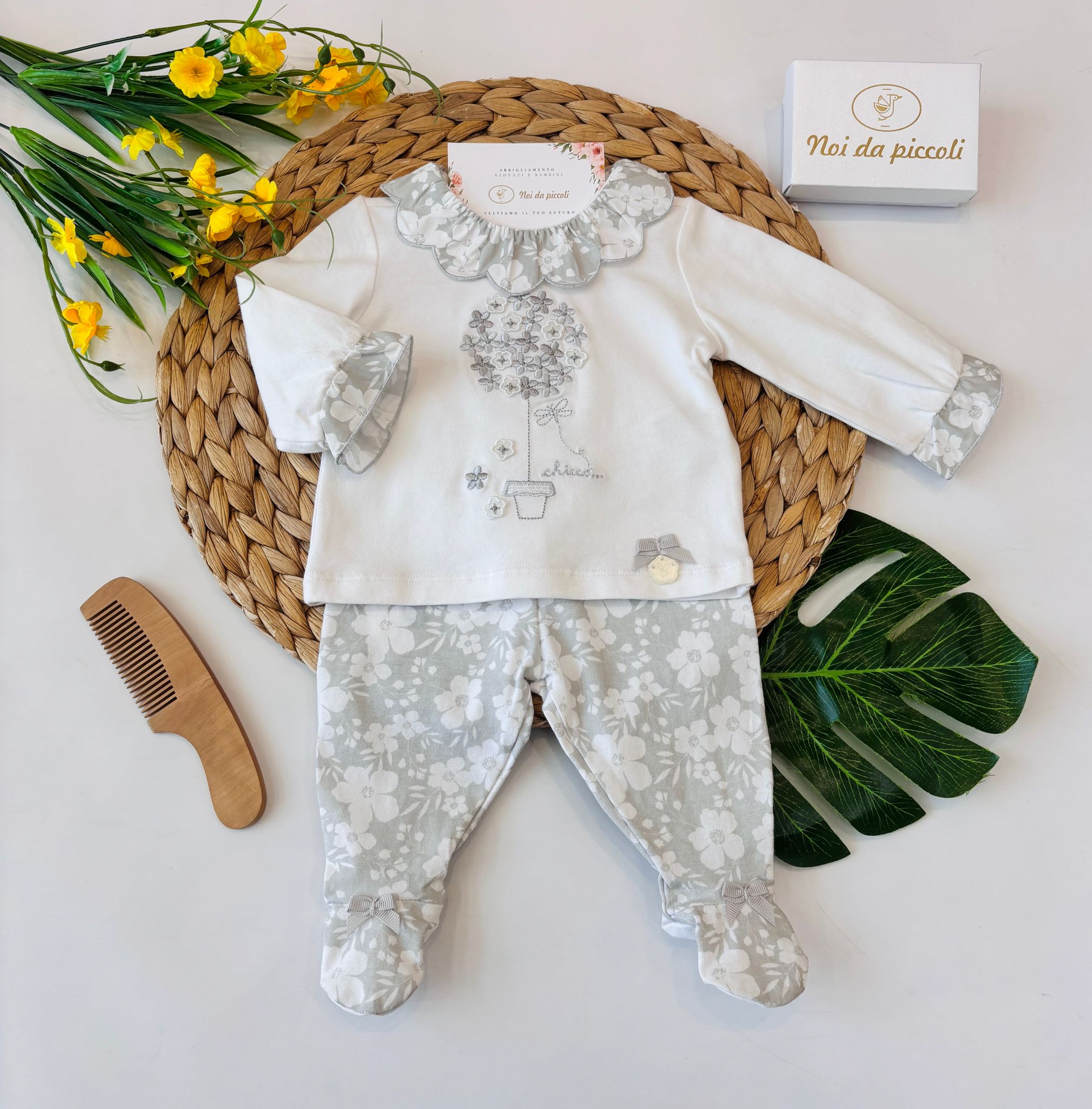 COMPLETO 2 PZ IN COTONE CON FIORELLINI Grigio - Noi da piccoli
