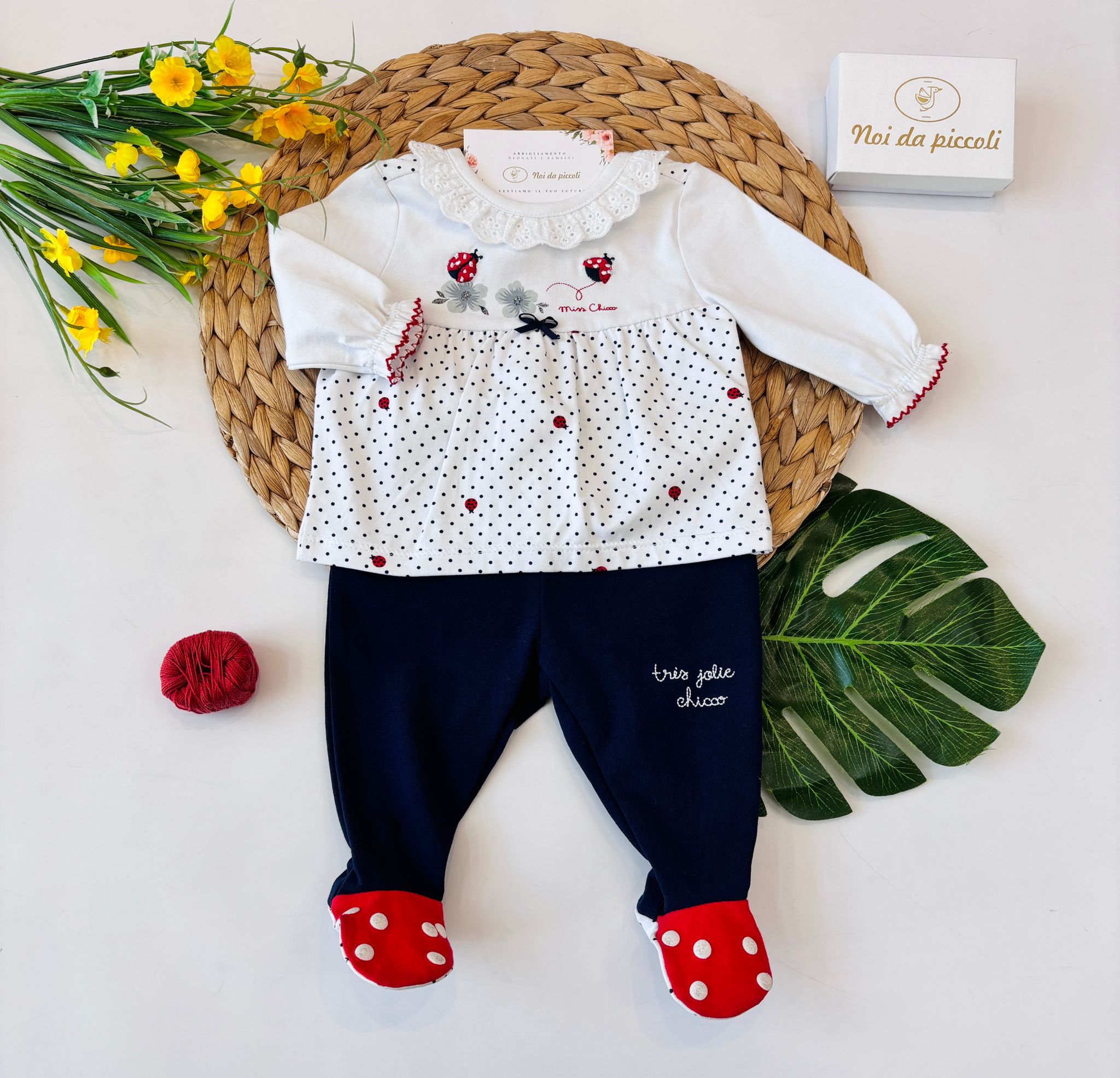 COMPLETO 2 PZ IN COTONE CON POIS COCCINELLE BIANCO BLU - Noi da piccoli