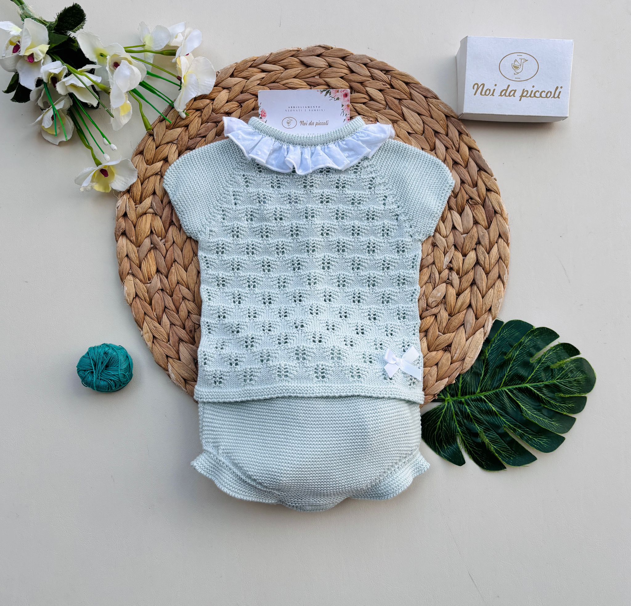 COMPLETO 2 PZ IN COTONE E ACRILICO CON COLLETTO CON PUNTI NODINI VERDE - Noi da piccoli