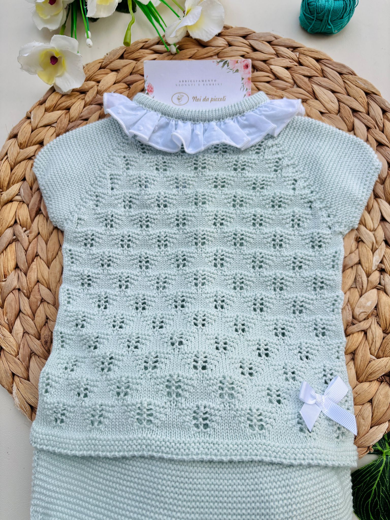 COMPLETO 2 PZ IN COTONE E ACRILICO CON COLLETTO CON PUNTI NODINI VERDE - Noi da piccoli