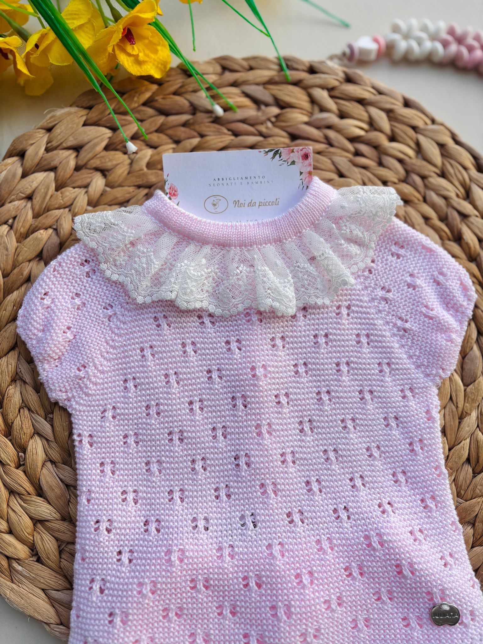 COMPLETO 2 PZ IN COTONE E ACRILICO CON COLLETTO RICAMATO ROSA - Noi da piccoli