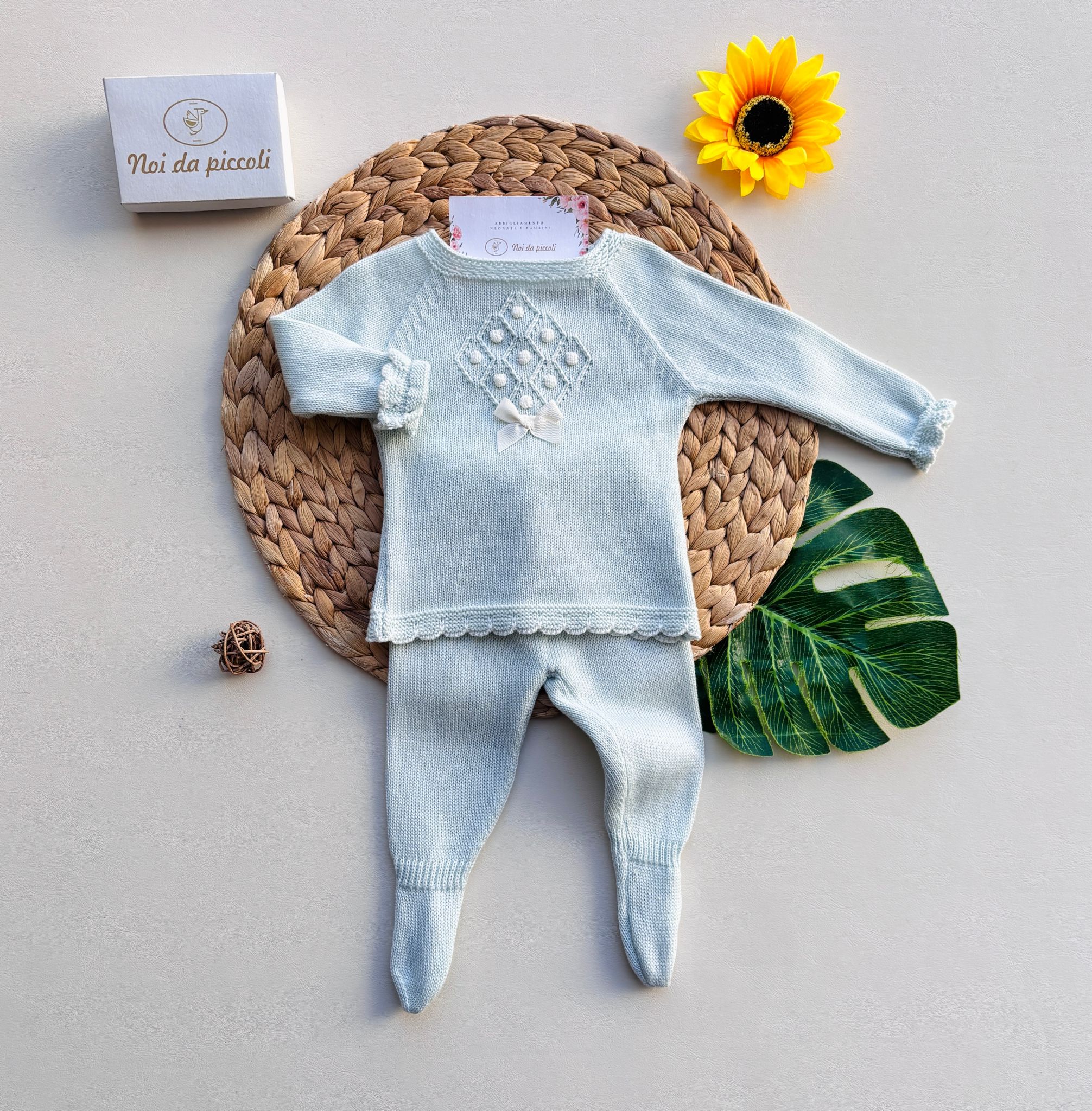 COMPLETO 2 PZ IN COTONE E ACRILICO CON FIOCCHETTO CENTRALE tiffany - Noi da piccoli