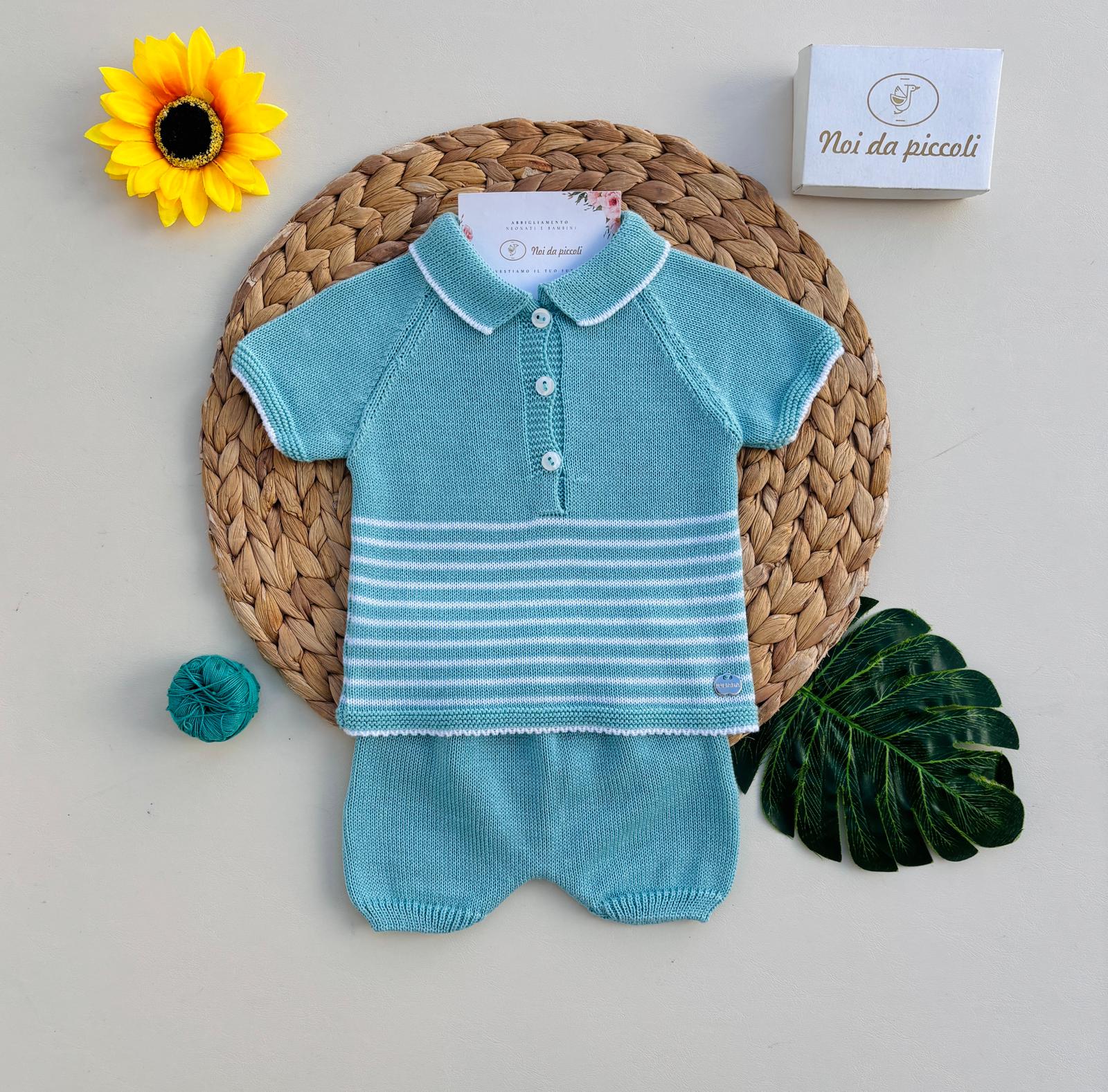 COMPLETO 2 PZ IN COTONE E ACRILICO CON RIGHE E BOTTONCINI CENTRALI ACQUAMARINA - Noi da piccoli